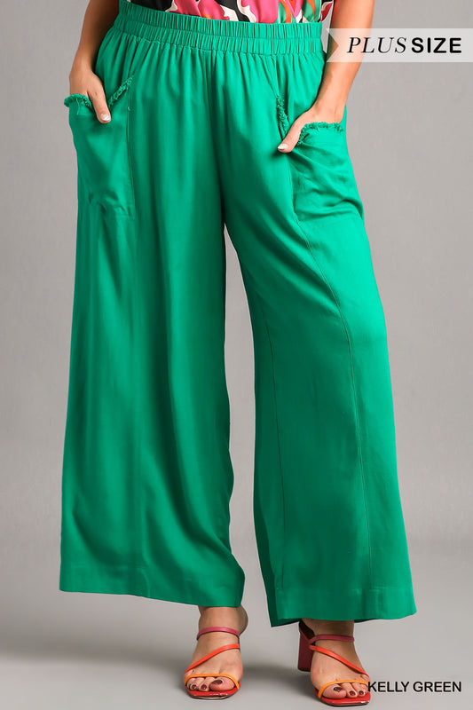 Umgee Plus Washed Elastic Waisted Wide Frayed Pants