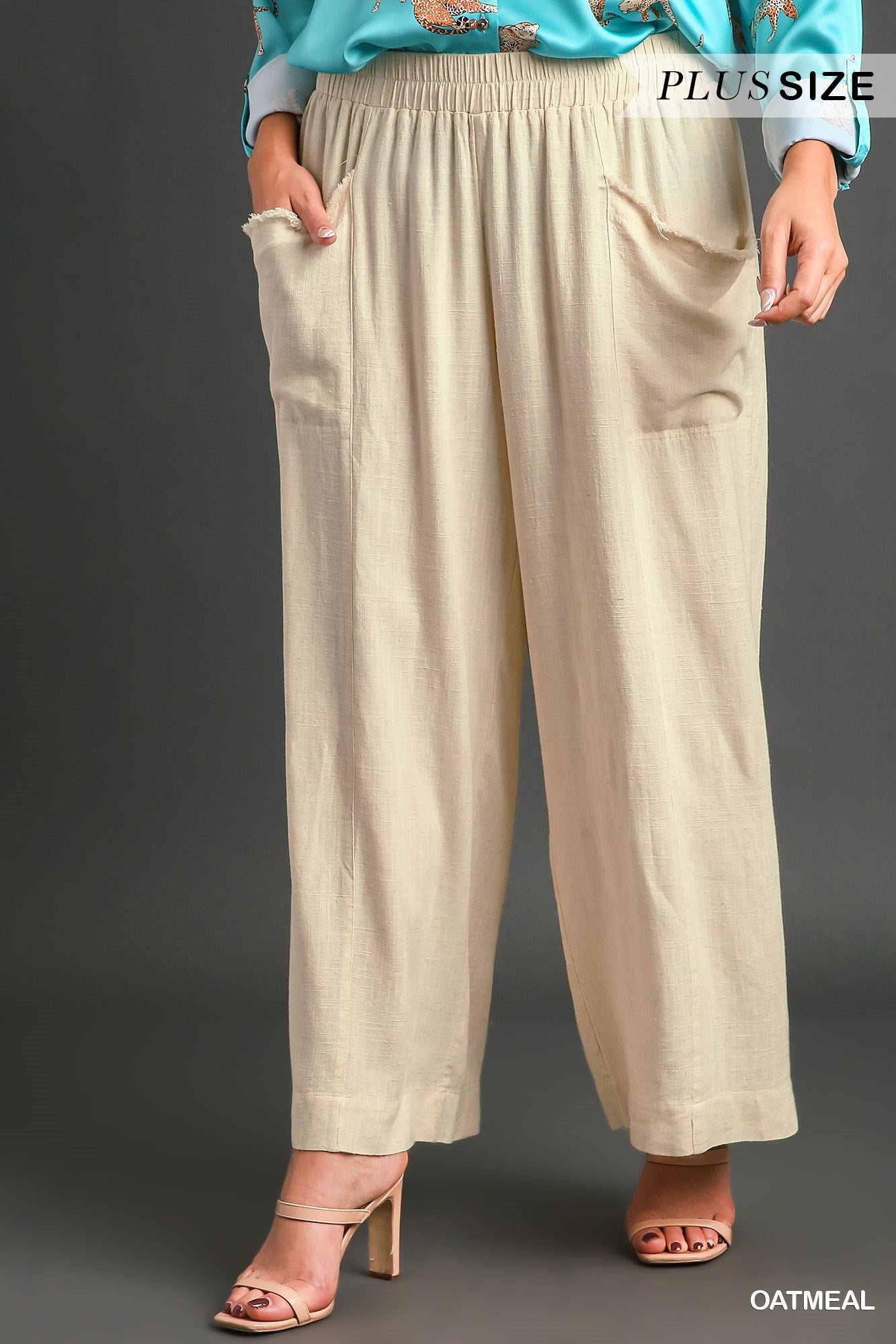 Umgee Plus Washed Elastic Waisted Wide Frayed Pants