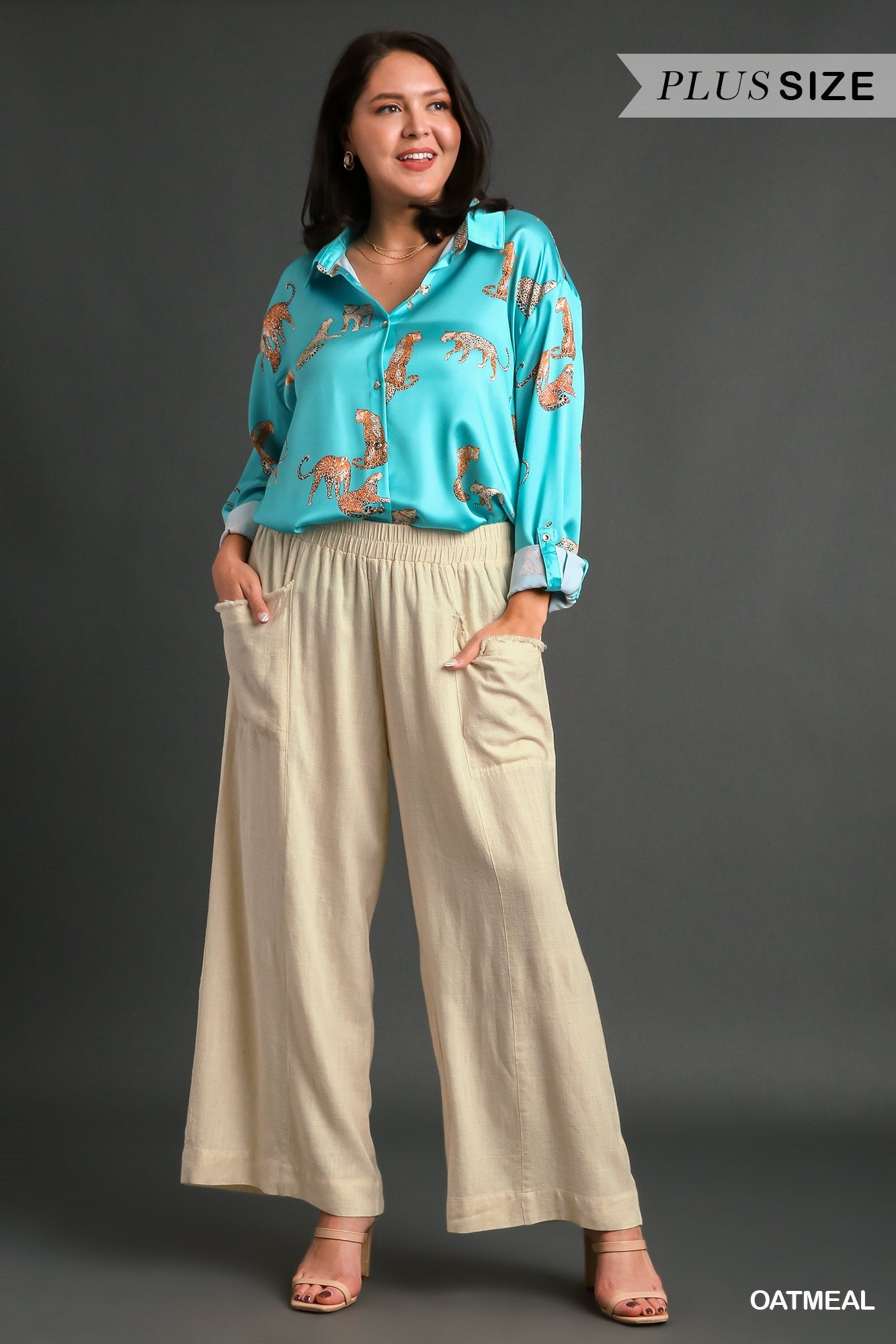 Umgee Plus Washed Elastic Waisted Wide Frayed Pants