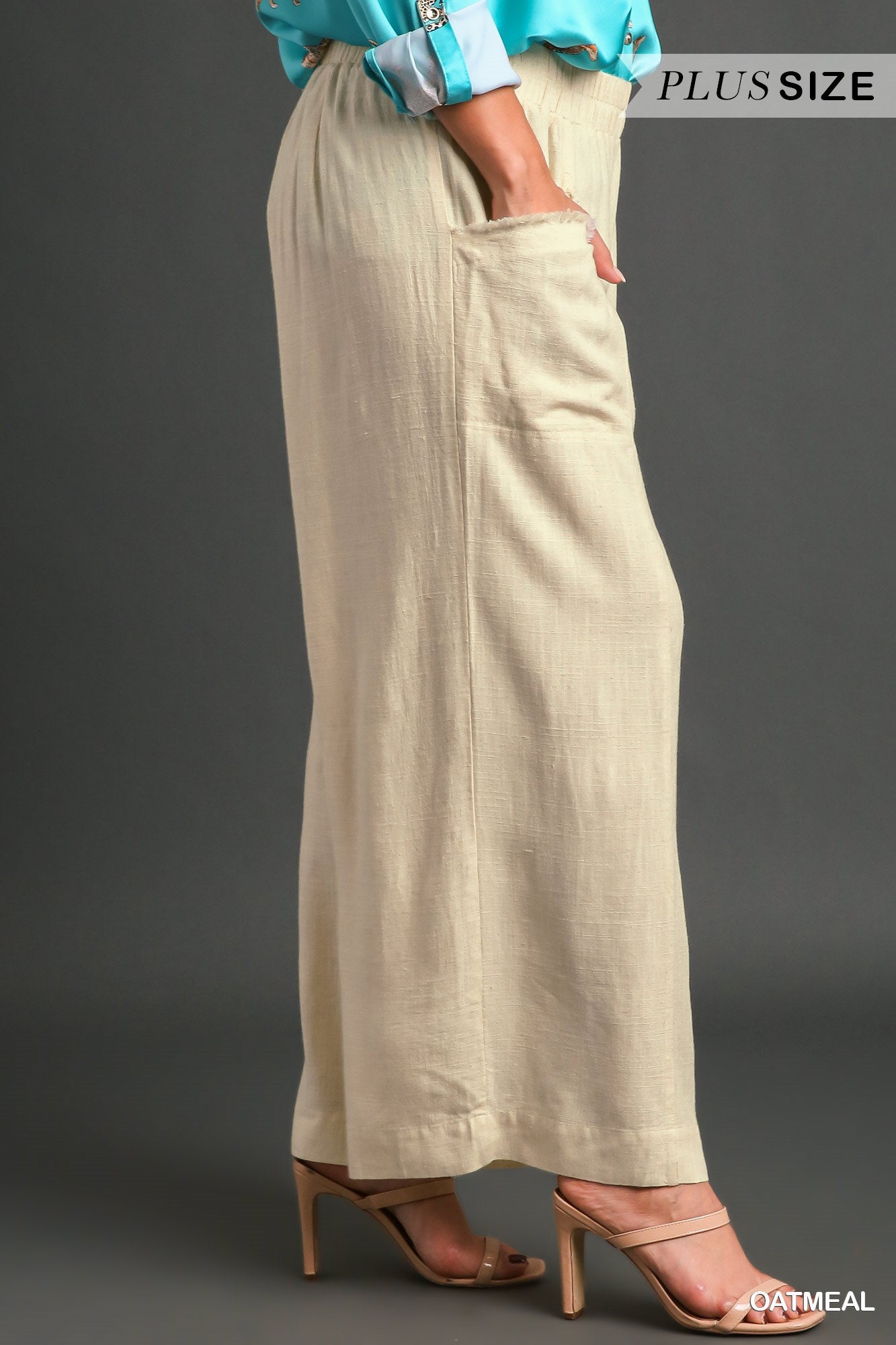 Umgee Plus Washed Elastic Waisted Wide Frayed Pants