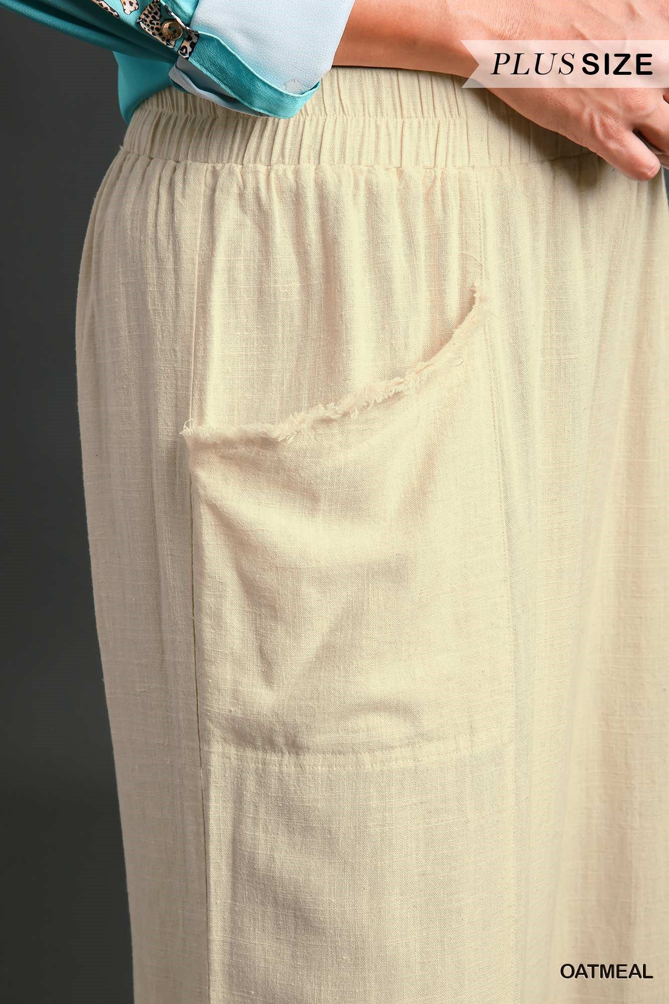 Umgee Plus Washed Elastic Waisted Wide Frayed Pants