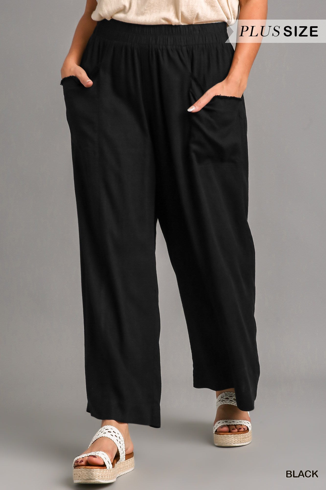 Umgee Plus Washed Elastic Waisted Wide Frayed Pants