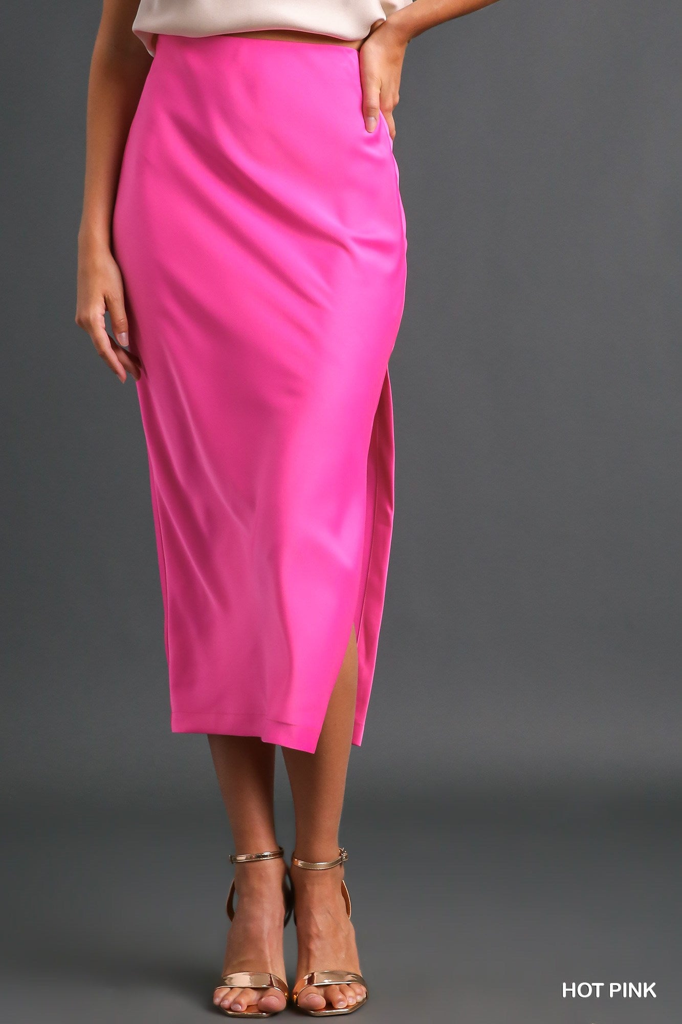 Umgee Medium Weight Satin Midi Side Slit Slipper Skirt