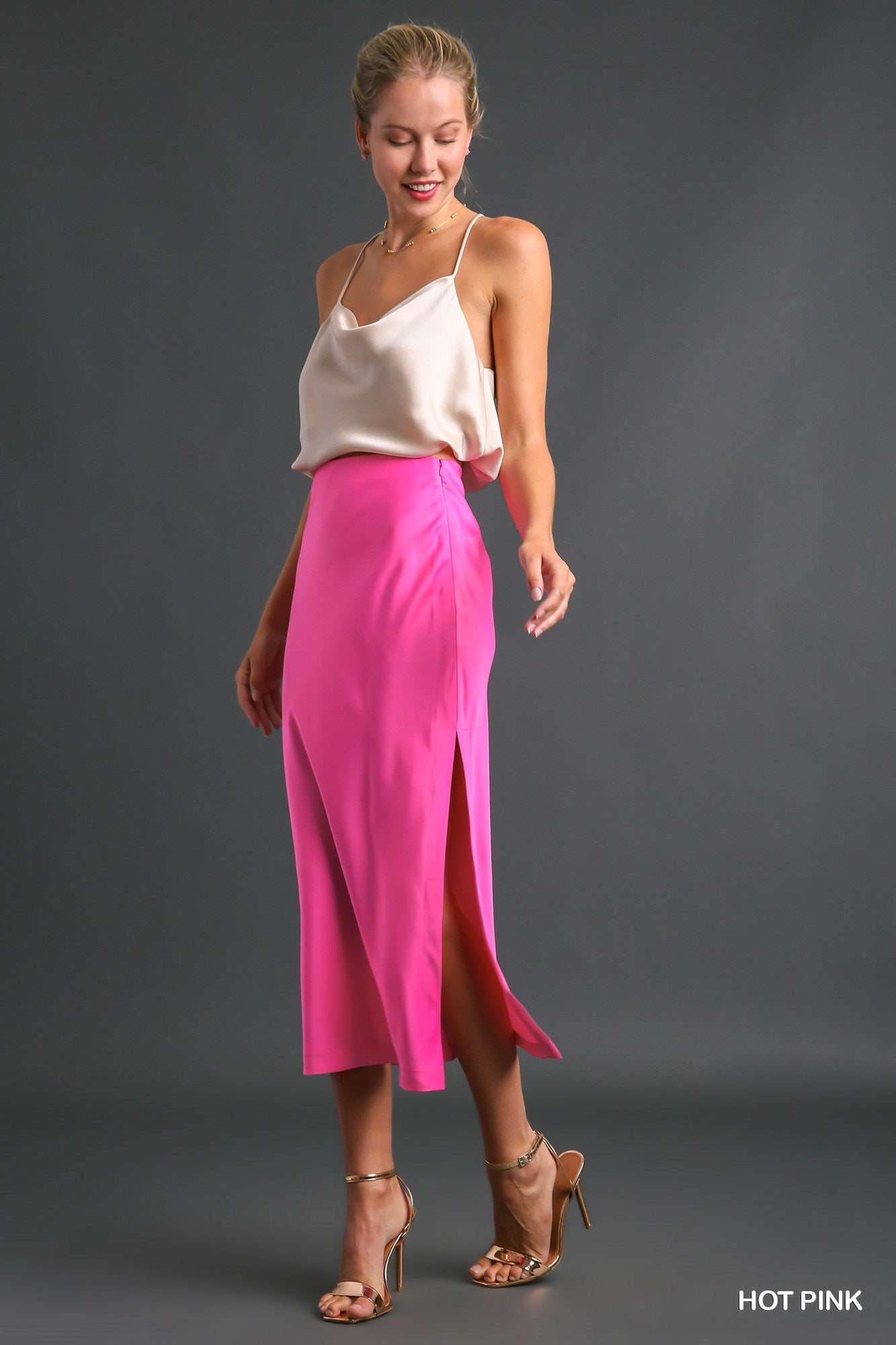 Umgee Medium Weight Satin Midi Side Slit Slipper Skirt