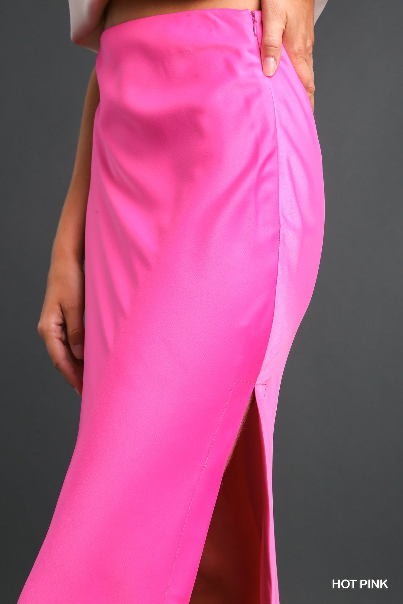 Umgee Medium Weight Satin Midi Side Slit Slipper Skirt