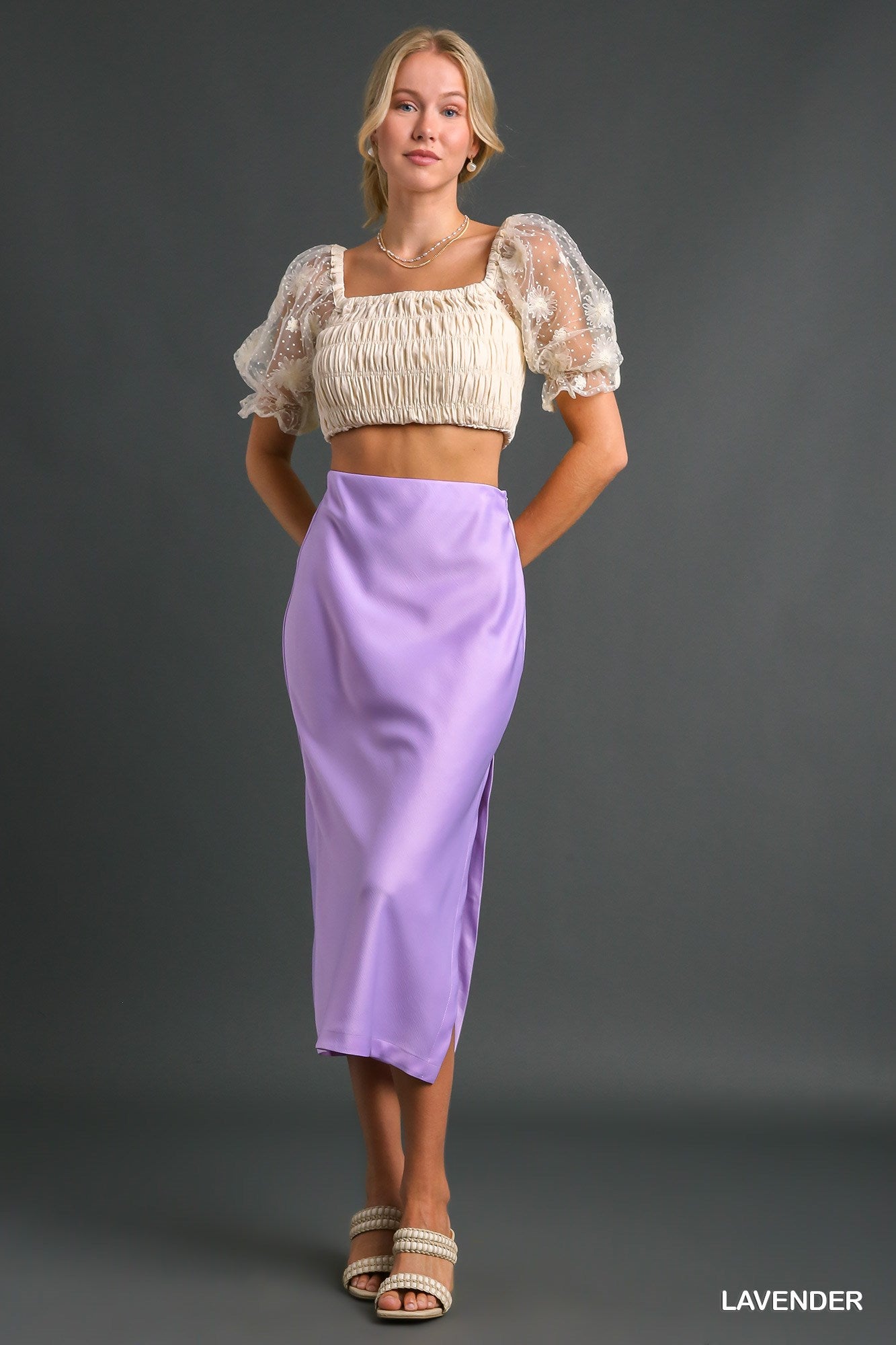 Umgee Medium Weight Satin Midi Side Slit Slipper Skirt