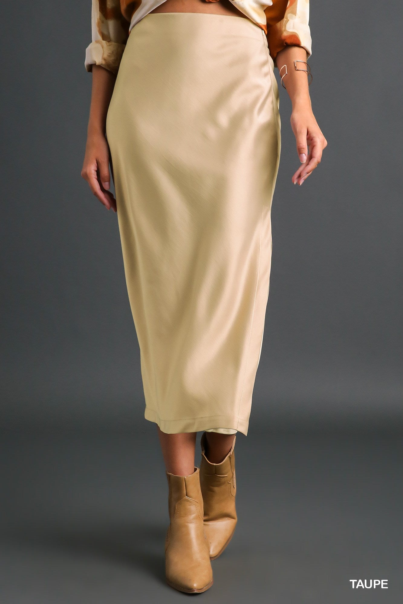 Umgee Medium Weight Satin Midi Side Slit Slipper Skirt