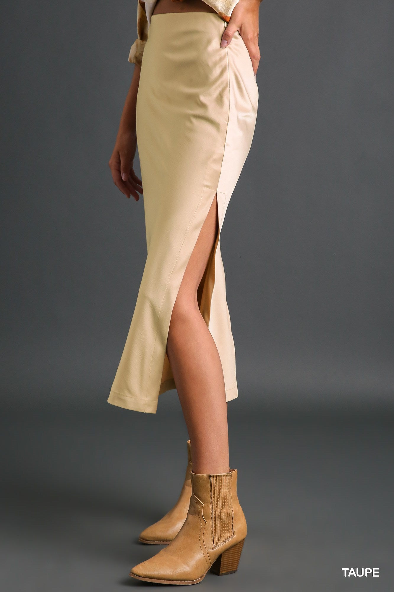Umgee Medium Weight Satin Midi Side Slit Slipper Skirt