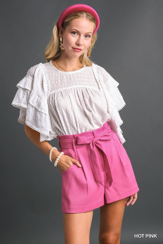 Umgee Elastic Waistband Belted High Waisted Zipper Shorts