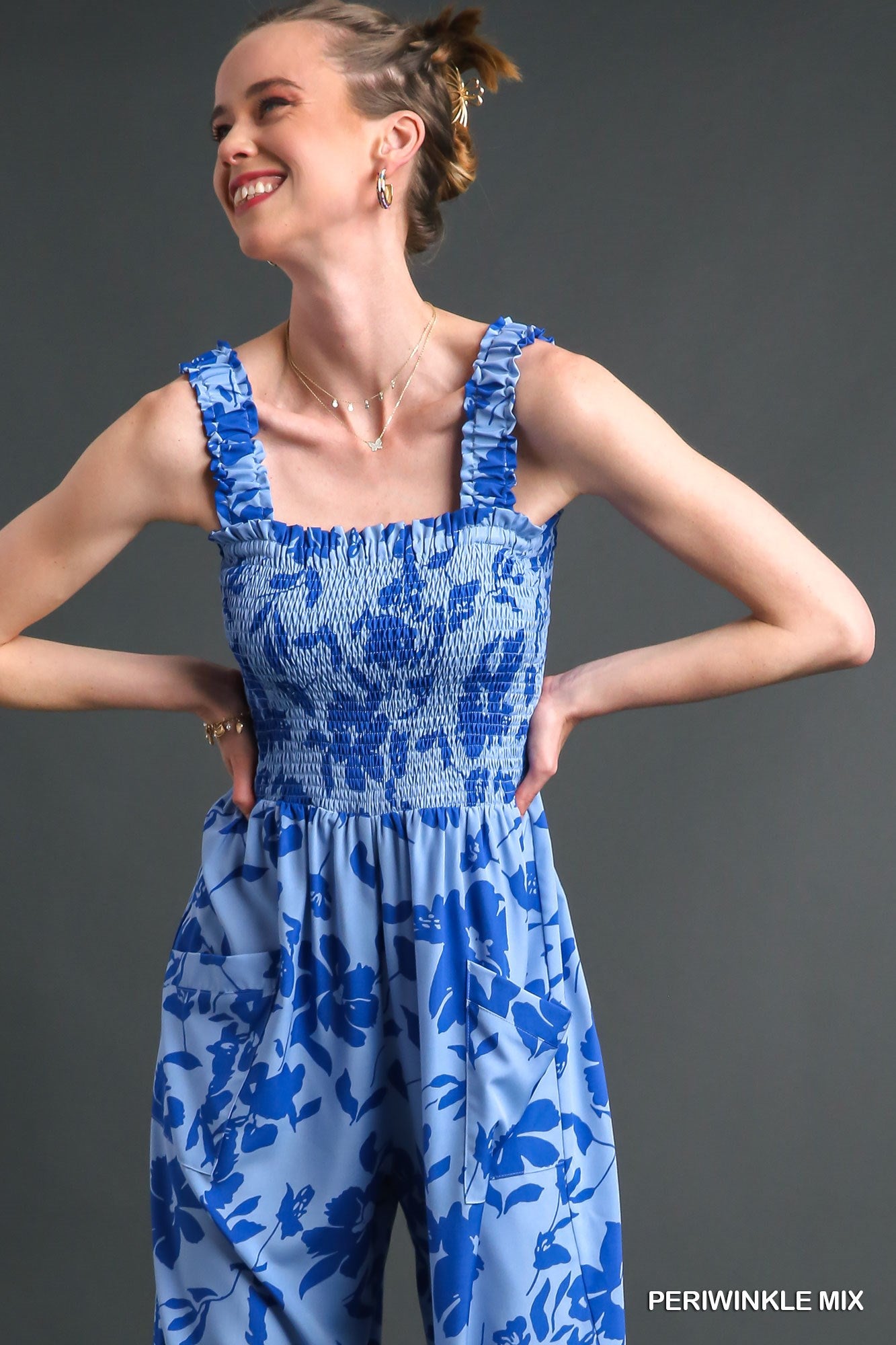 Umgee Floral Print Front Pockets Smocked Jumpsuit