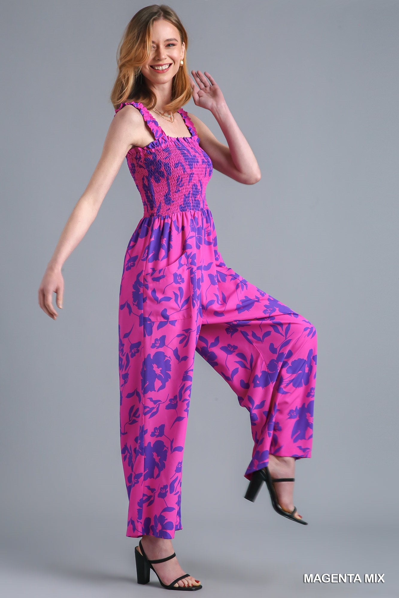Umgee Floral Print Front Pockets Smocked Jumpsuit