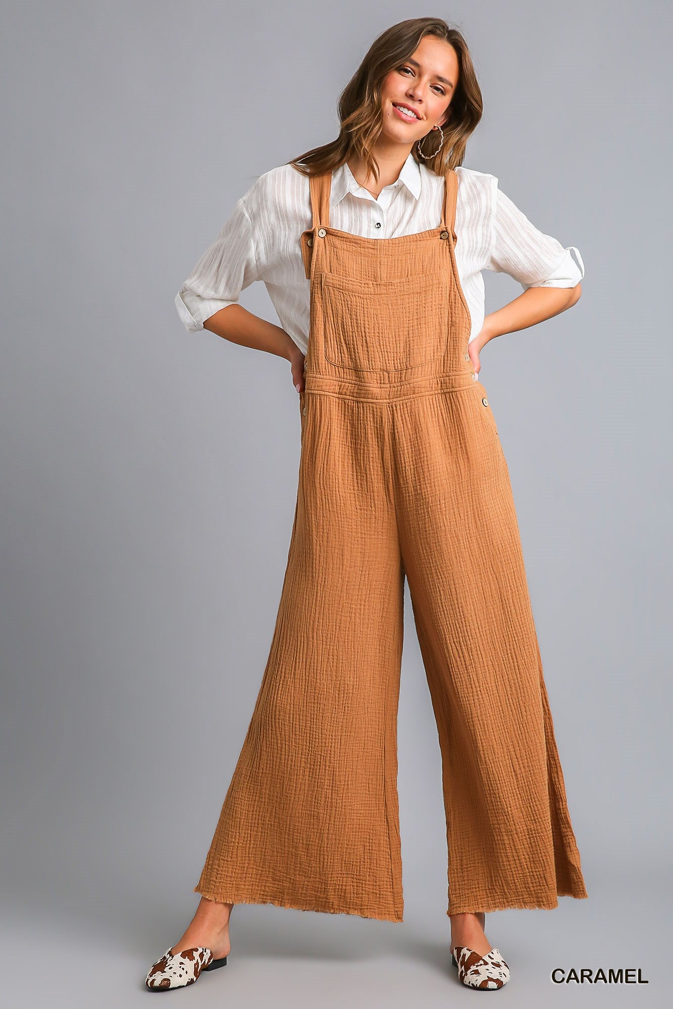 Umgee Button Detail Wide Bottoms Frayed Hem Jumpsuit