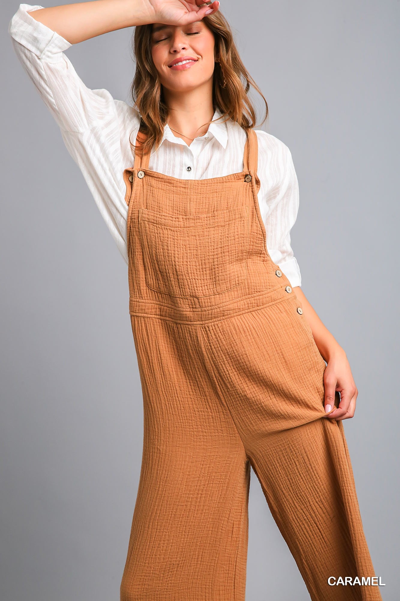 Umgee Button Detail Wide Bottoms Frayed Hem Jumpsuit