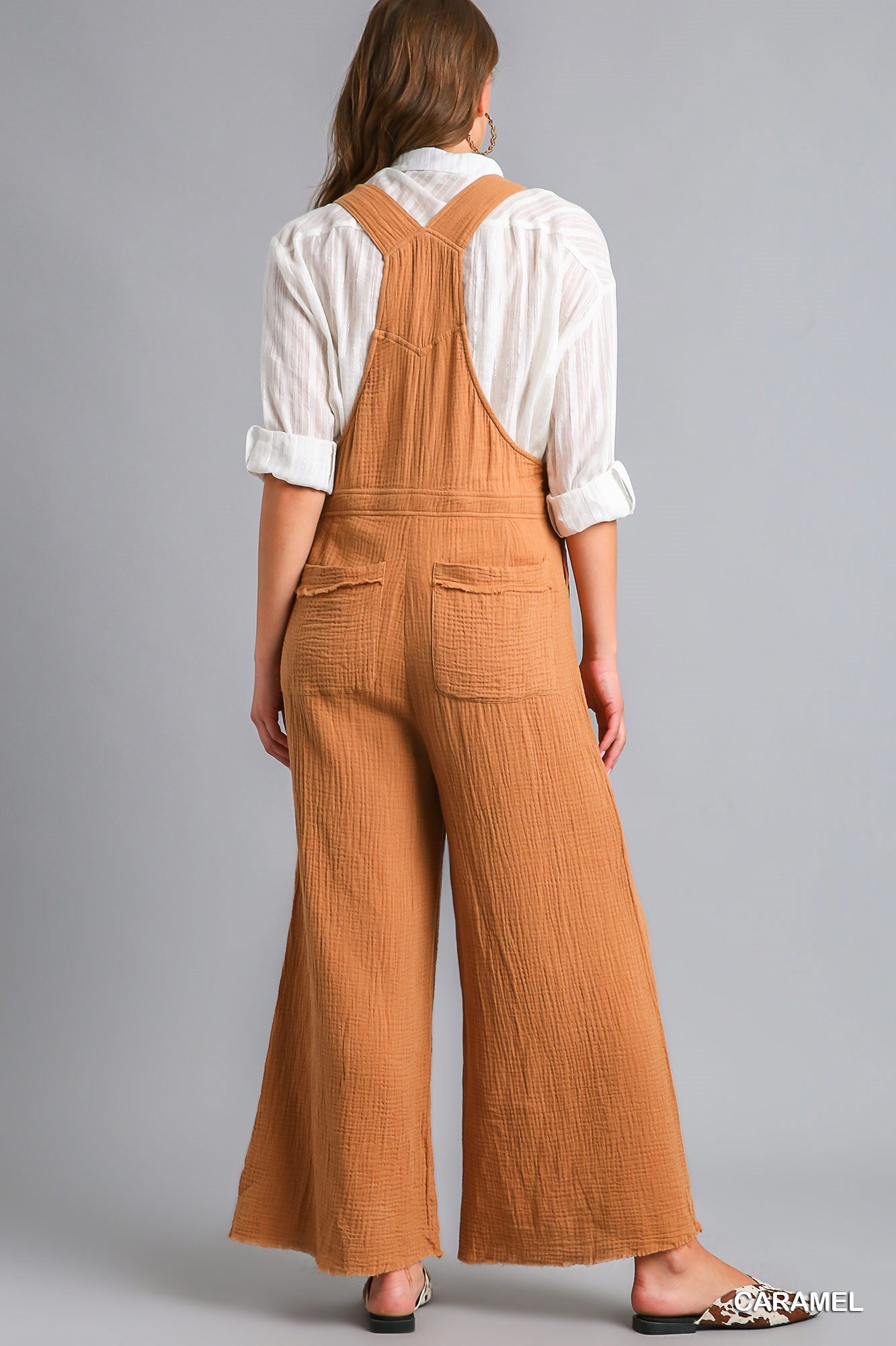 Umgee Button Detail Wide Bottoms Frayed Hem Jumpsuit