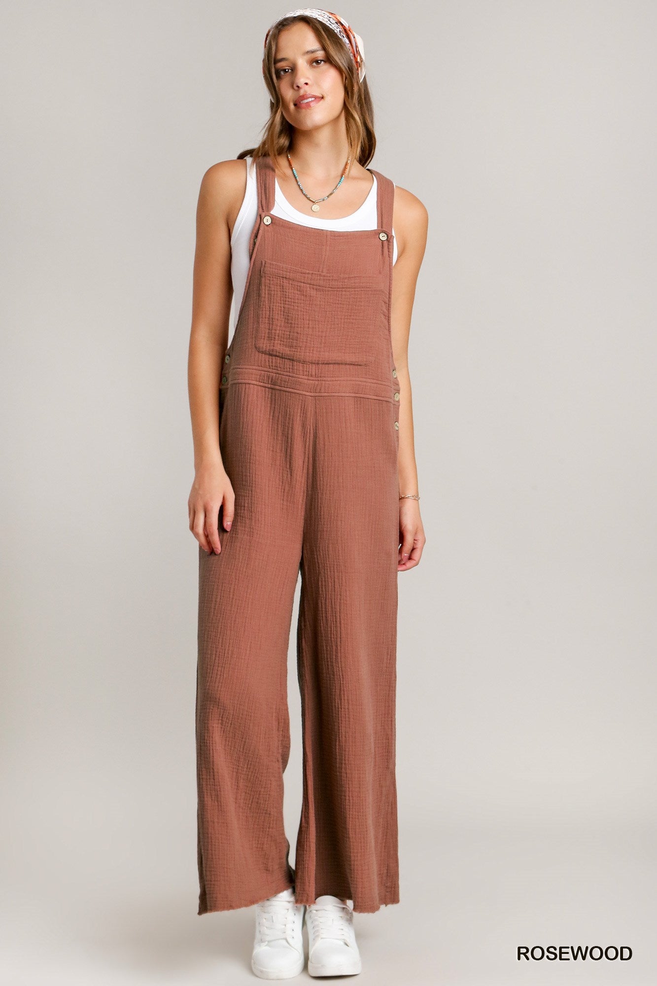 Umgee Button Detail Wide Bottoms Frayed Hem Jumpsuit