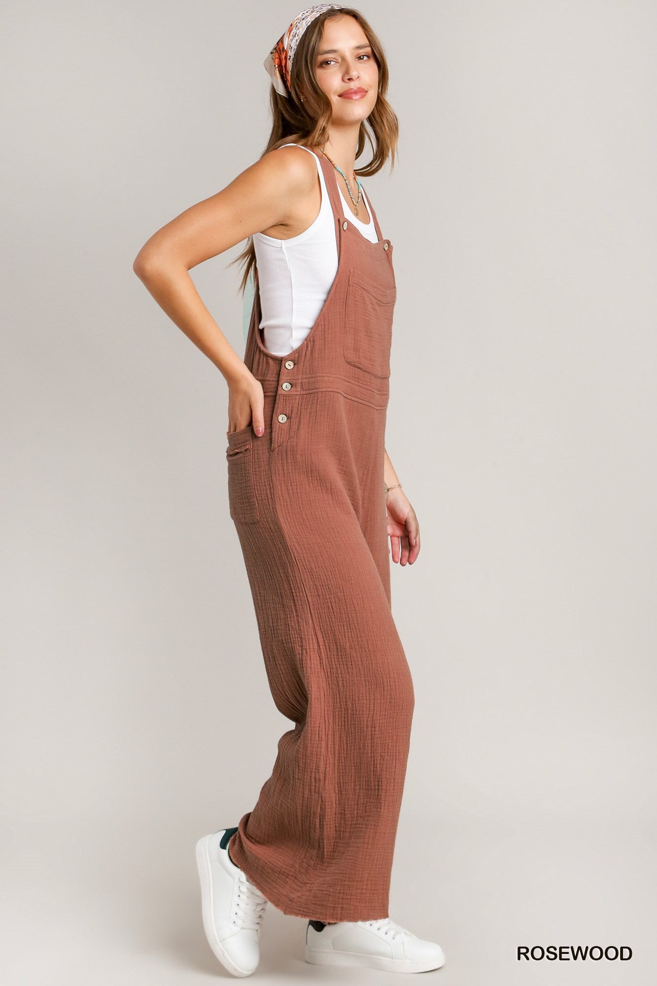 Umgee Button Detail Wide Bottoms Frayed Hem Jumpsuit
