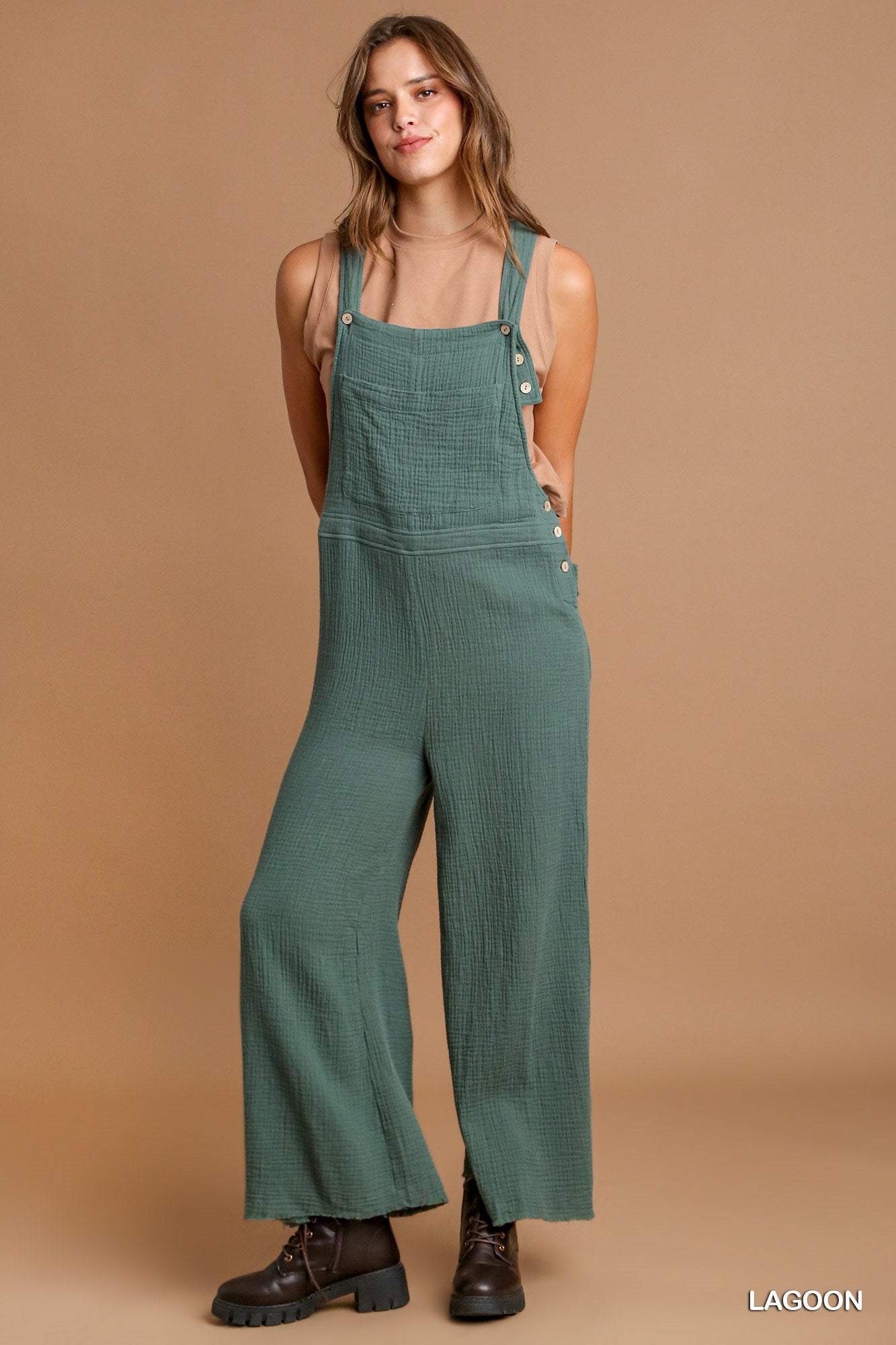 Umgee Button Detail Wide Bottoms Frayed Hem Jumpsuit