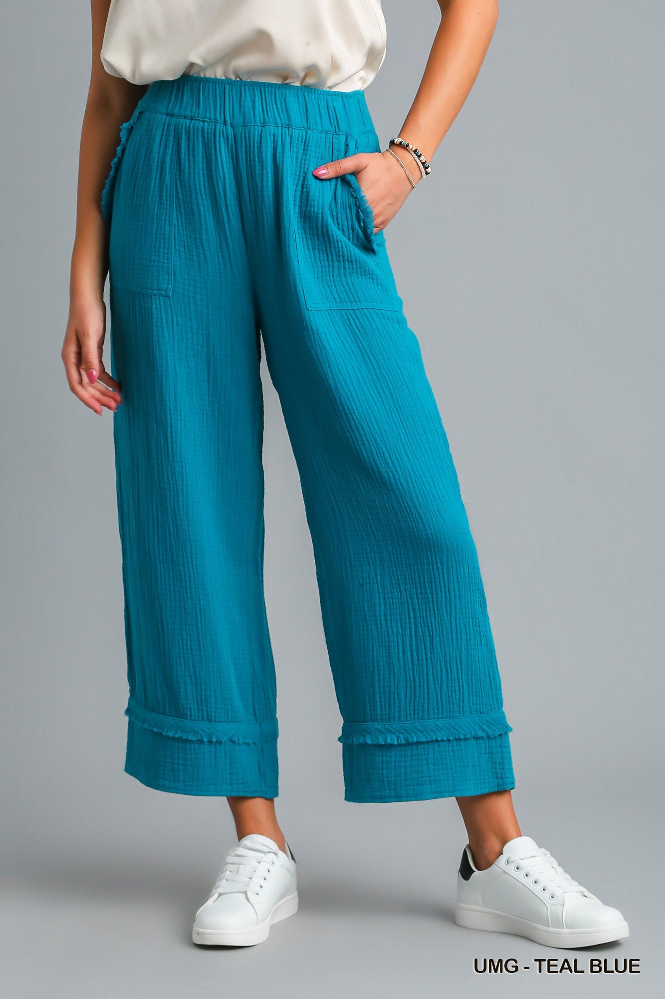 Umgee Frayed Hem Wide Leg Elastic Waistband Side Pockets Pants