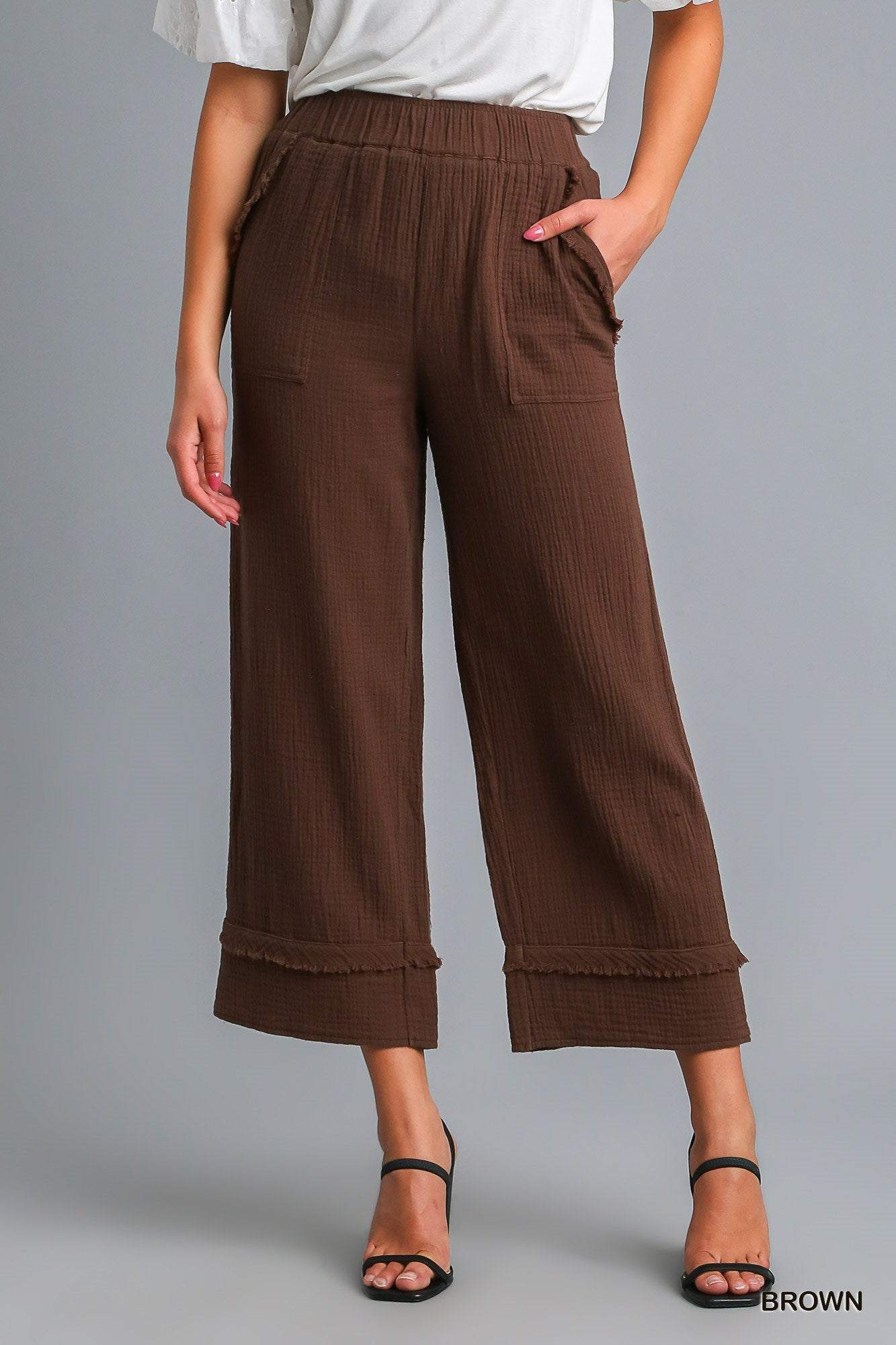 Umgee Frayed Hem Wide Leg Elastic Waistband Side Pockets Pants
