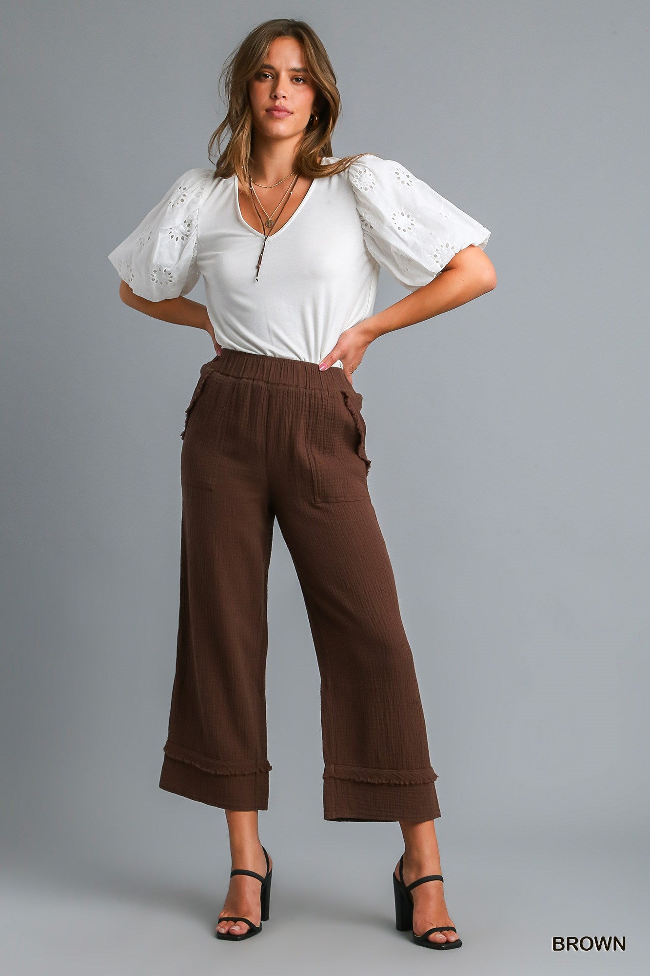 Umgee Frayed Hem Wide Leg Elastic Waistband Side Pockets Pants