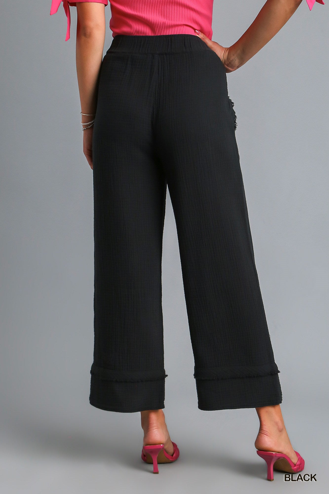 Umgee Frayed Hem Wide Leg Elastic Waistband Side Pockets Pants