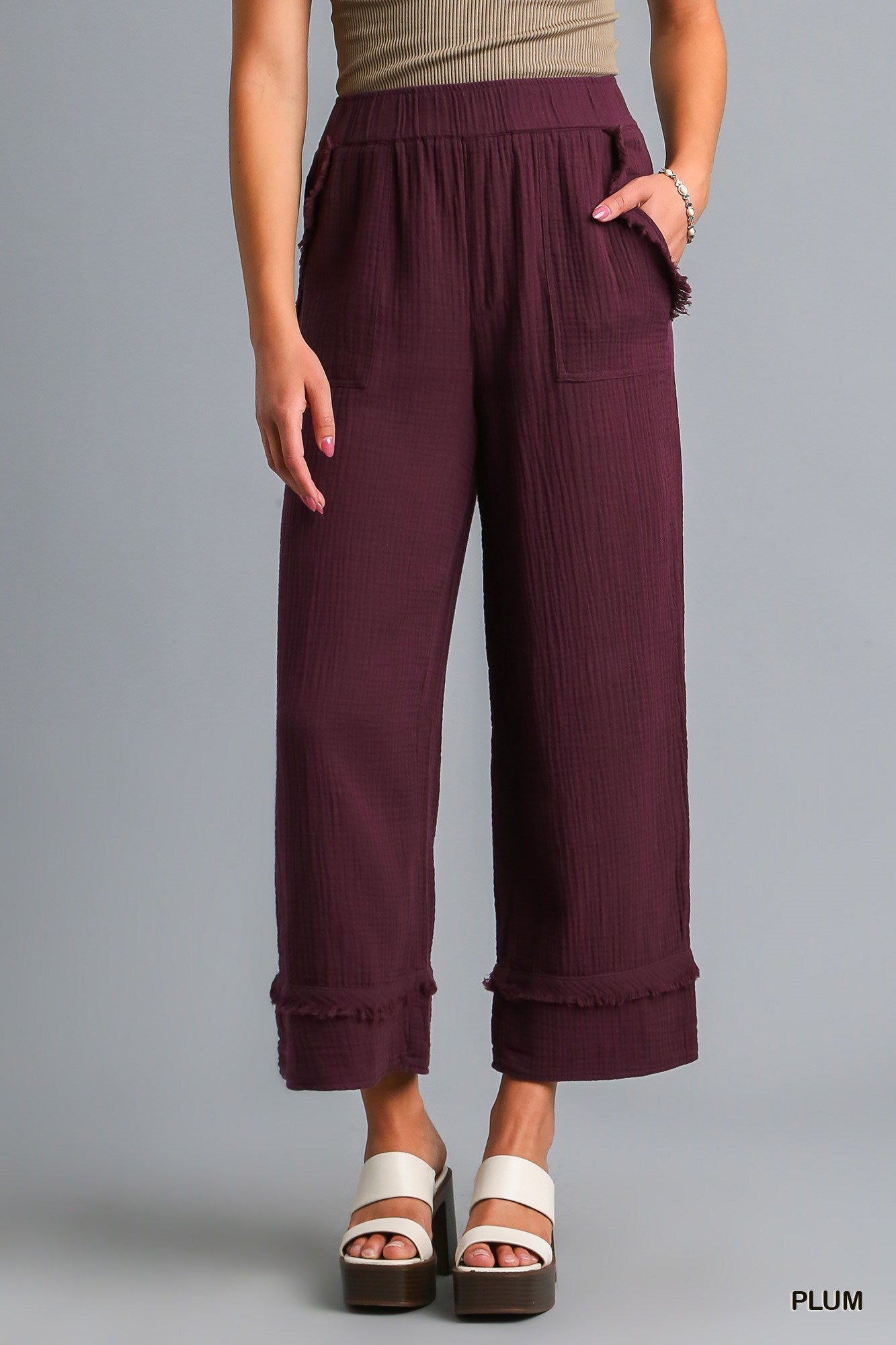 Umgee Frayed Hem Wide Leg Elastic Waistband Side Pockets Pants