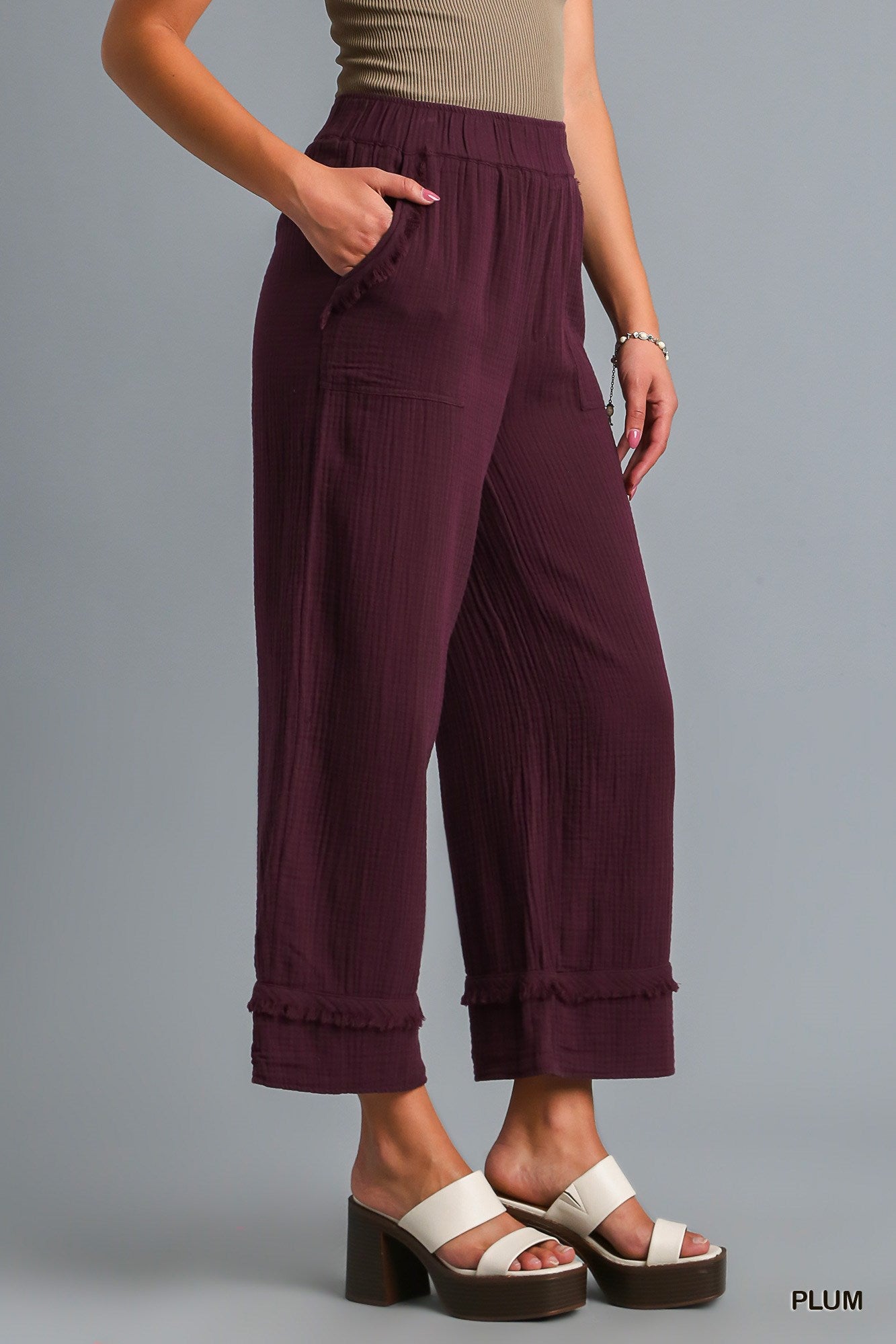 Umgee Frayed Hem Wide Leg Elastic Waistband Side Pockets Pants