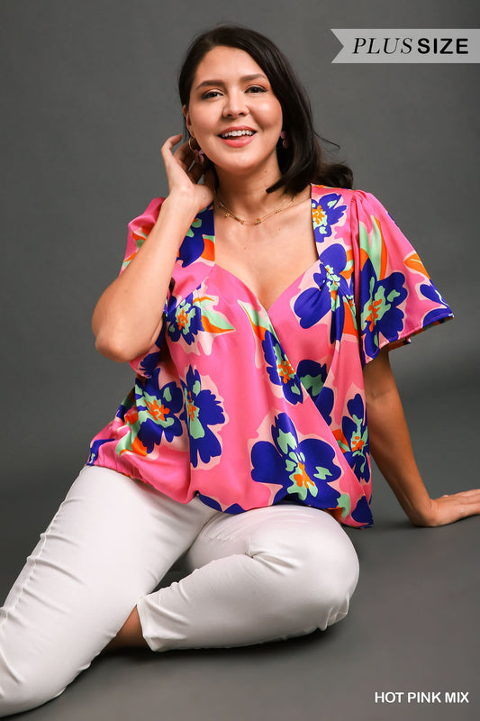 Umgee Plus Floral Print Surplice Short Sleeve Wrap Flutter Top