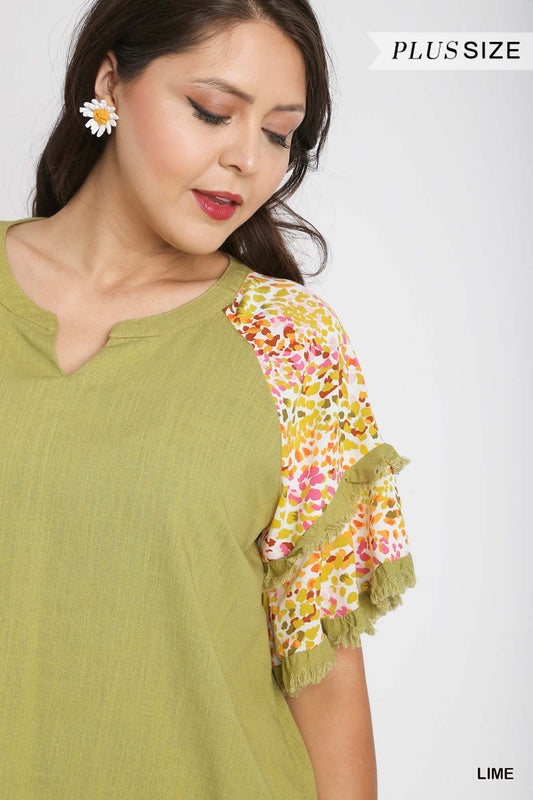 Umgee Plus V-Notched Linen Double Layer Flutter Sleeves Frayed Hem Top