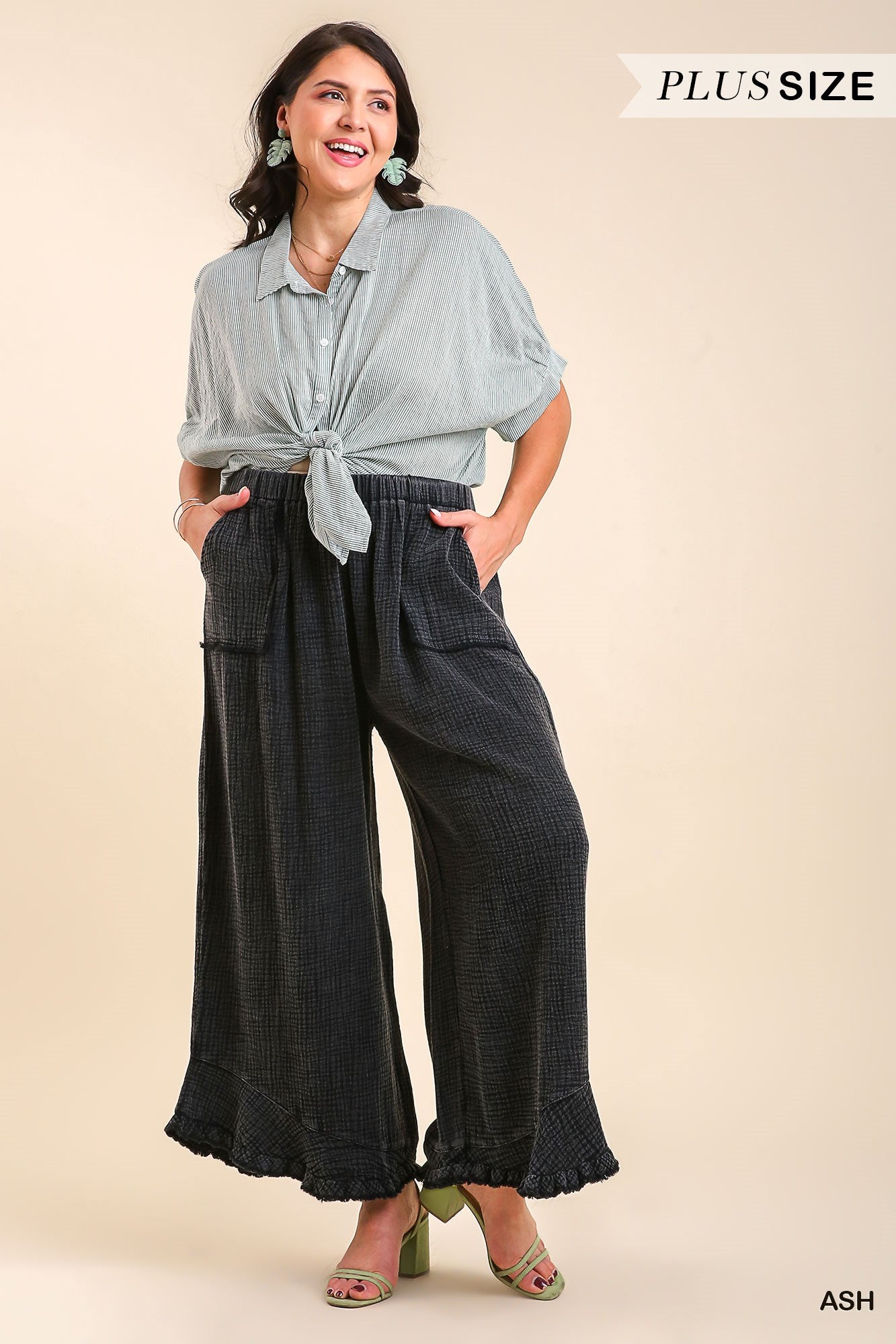 Umgee Plus Mineral Wash Cotton Gauze Ruffle Trim Pants