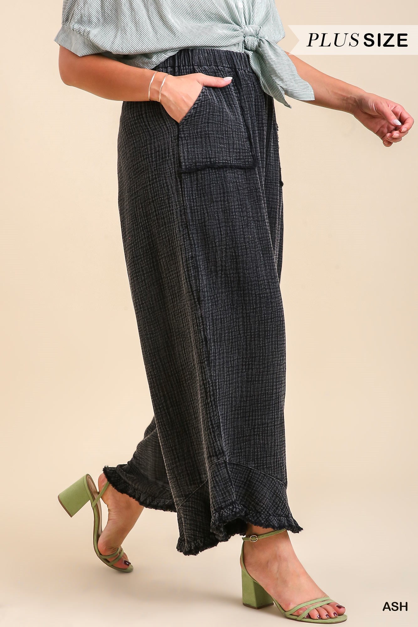 Umgee Plus Mineral Wash Cotton Gauze Ruffle Trim Pants