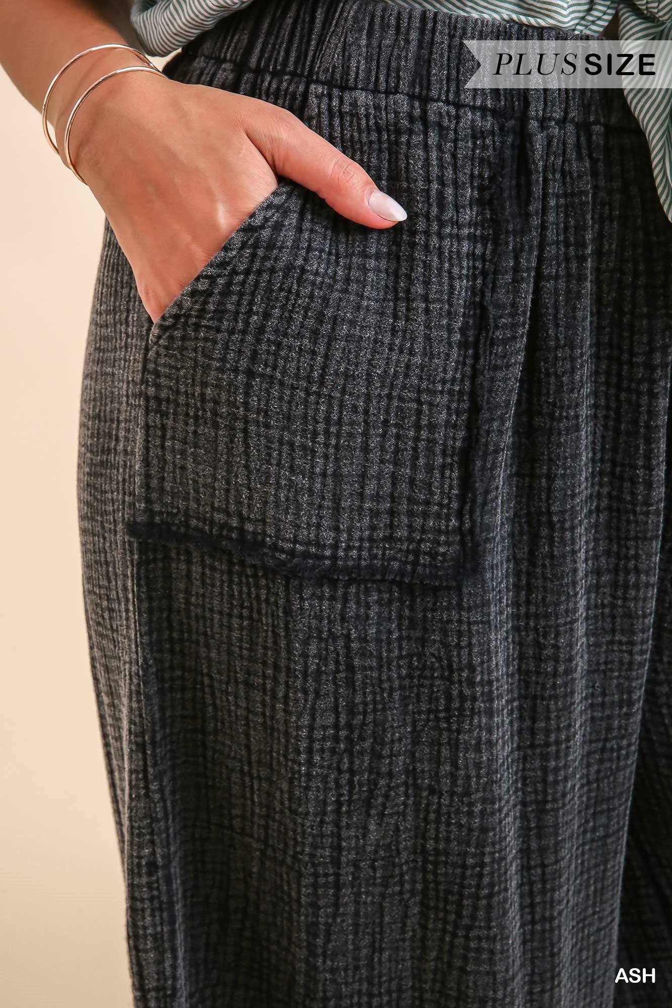 Umgee Plus Mineral Wash Cotton Gauze Ruffle Trim Pants