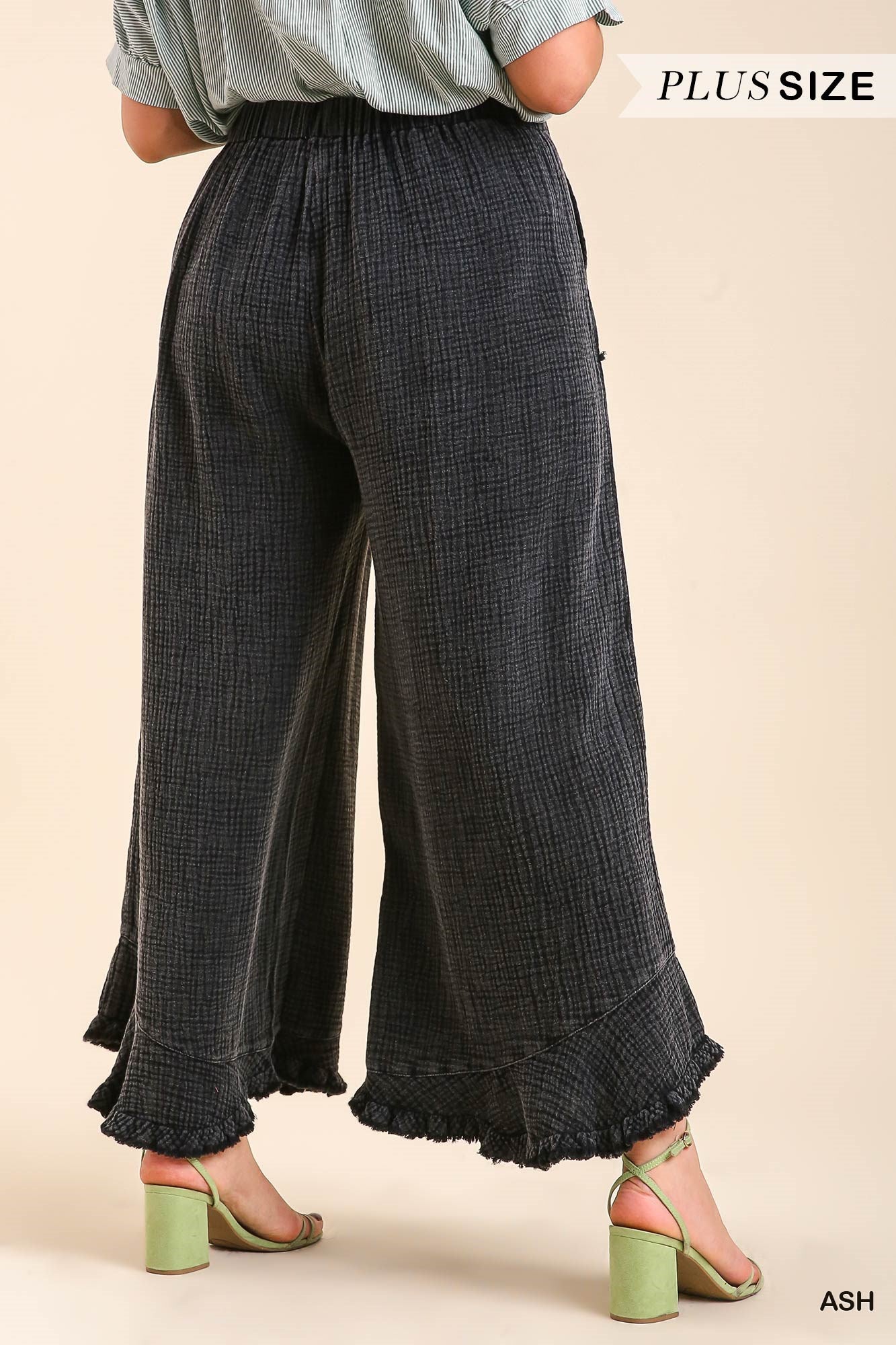Umgee Plus Mineral Wash Cotton Gauze Ruffle Trim Pants