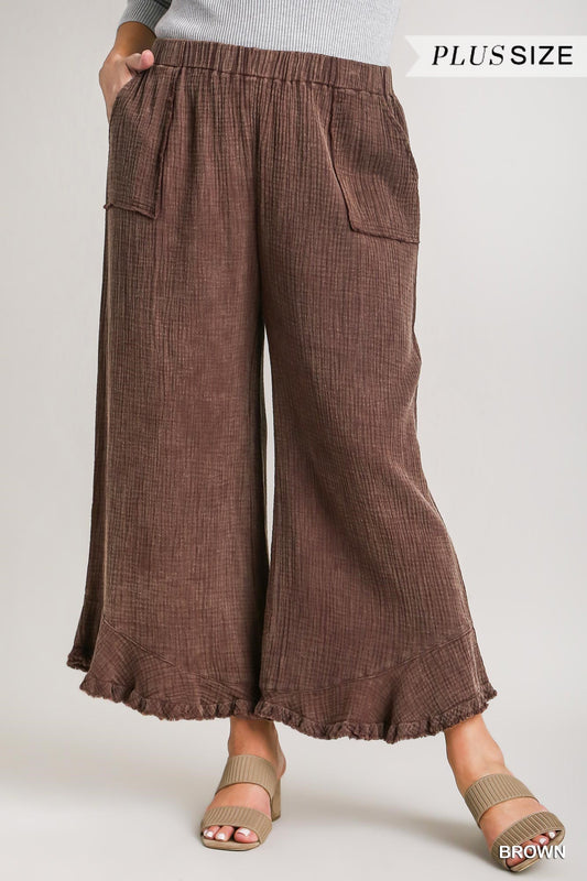 Umgee Plus Mineral Wash Cotton Gauze Ruffle Trim Pants