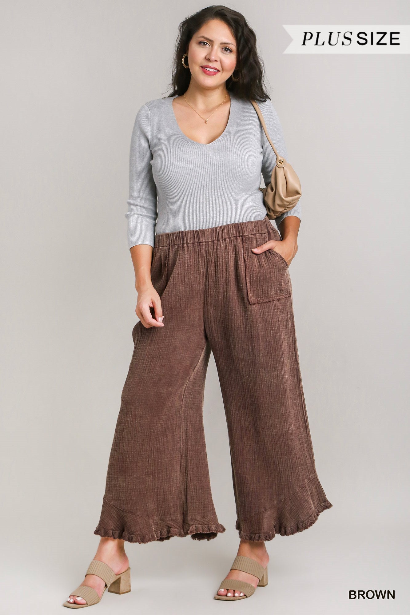 Umgee Plus Mineral Wash Cotton Gauze Ruffle Trim Pants