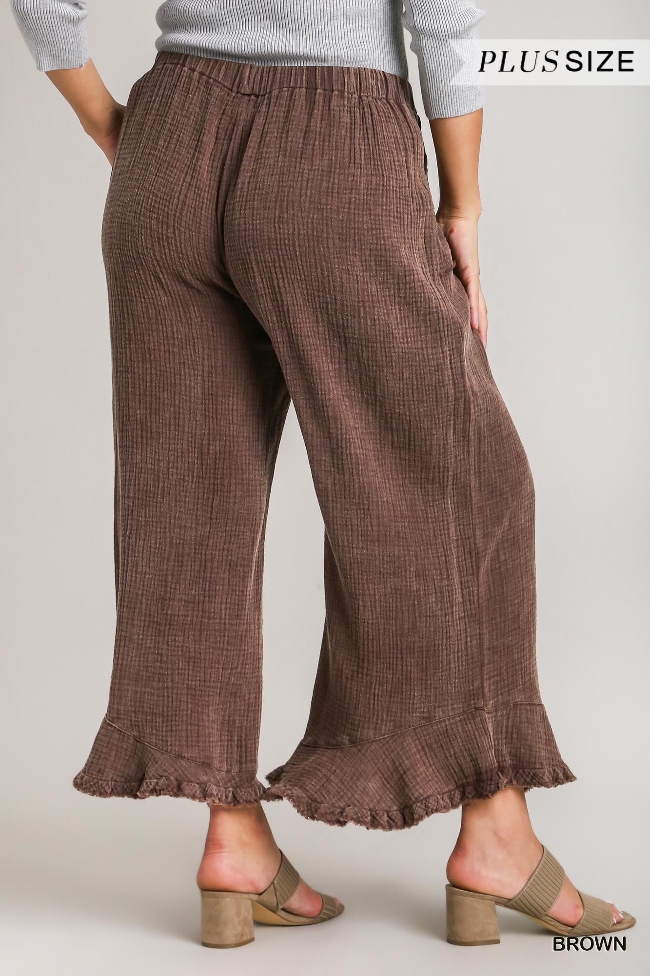 Umgee Plus Mineral Wash Cotton Gauze Ruffle Trim Pants