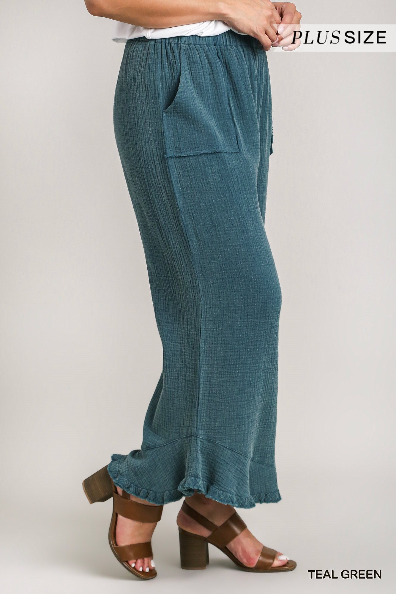 Umgee Plus Mineral Wash Cotton Gauze Ruffle Trim Pants