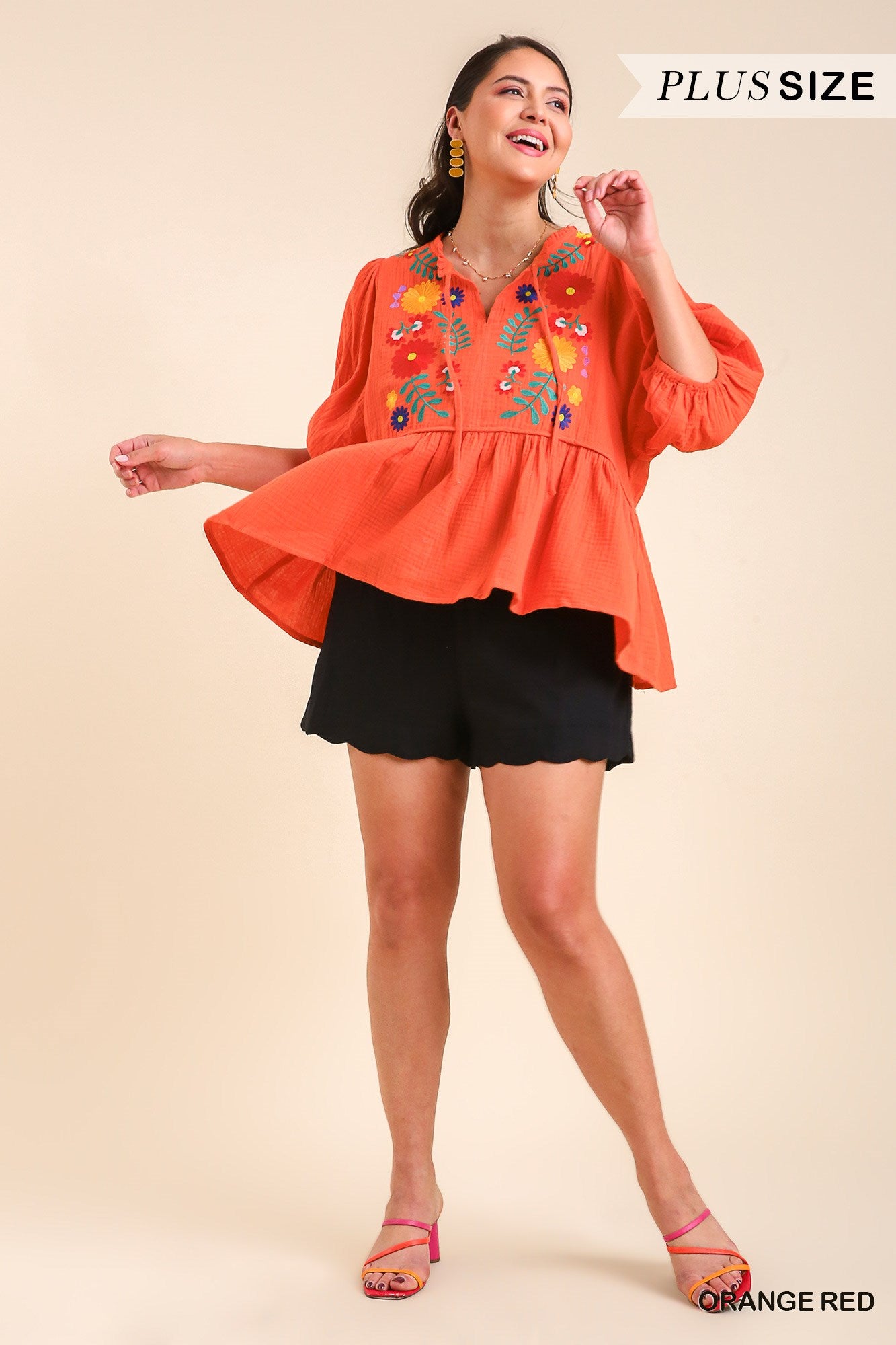 Umgee Plus Cotton Gauze Floral Embroidery BabyDoll Long Sleeve Top