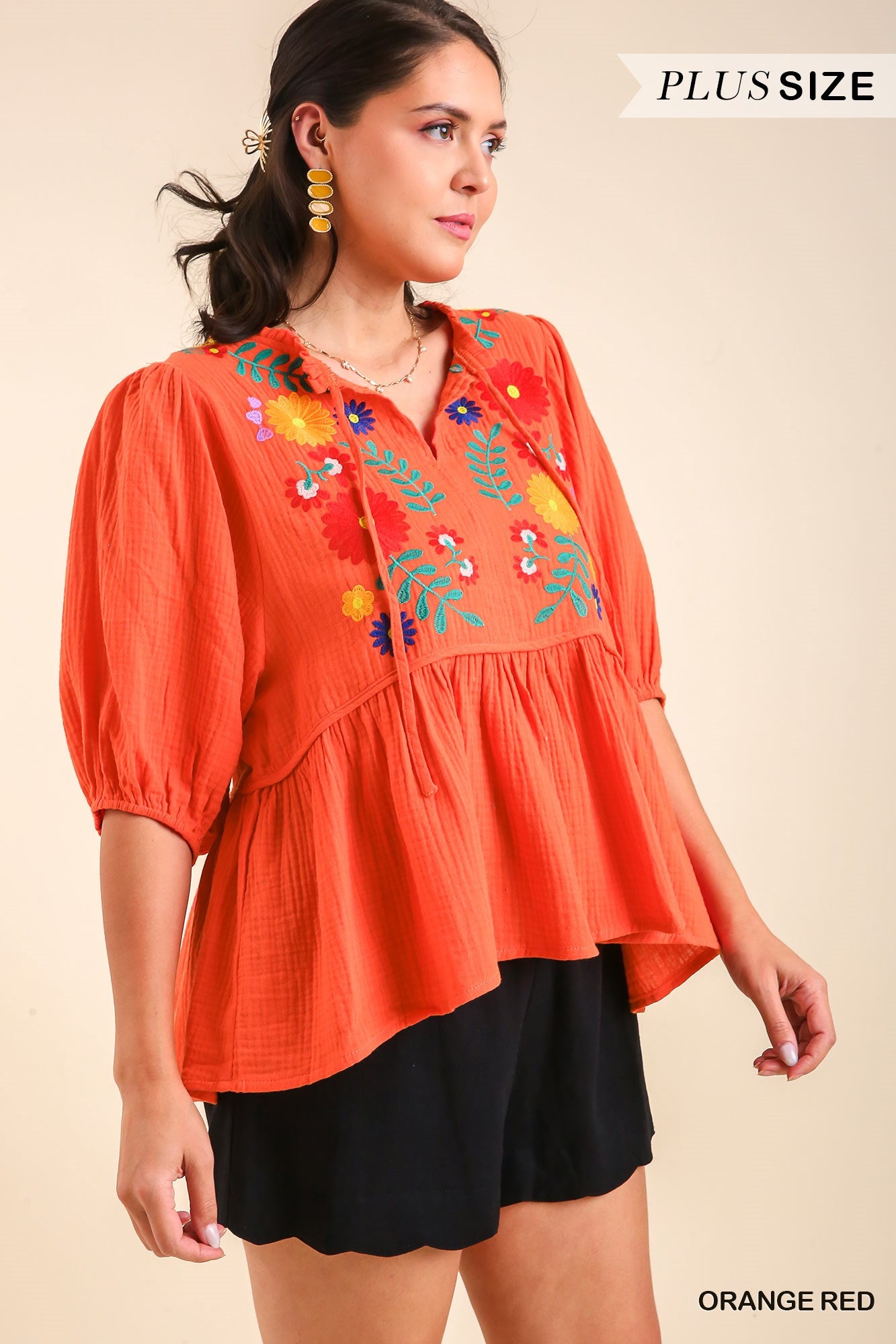 Umgee Plus Cotton Gauze Floral Embroidery BabyDoll Long Sleeve Top