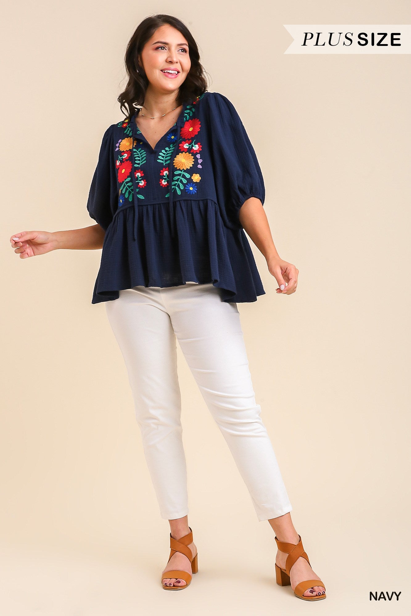 Umgee Plus Cotton Gauze Floral Embroidery BabyDoll Long Sleeve Top