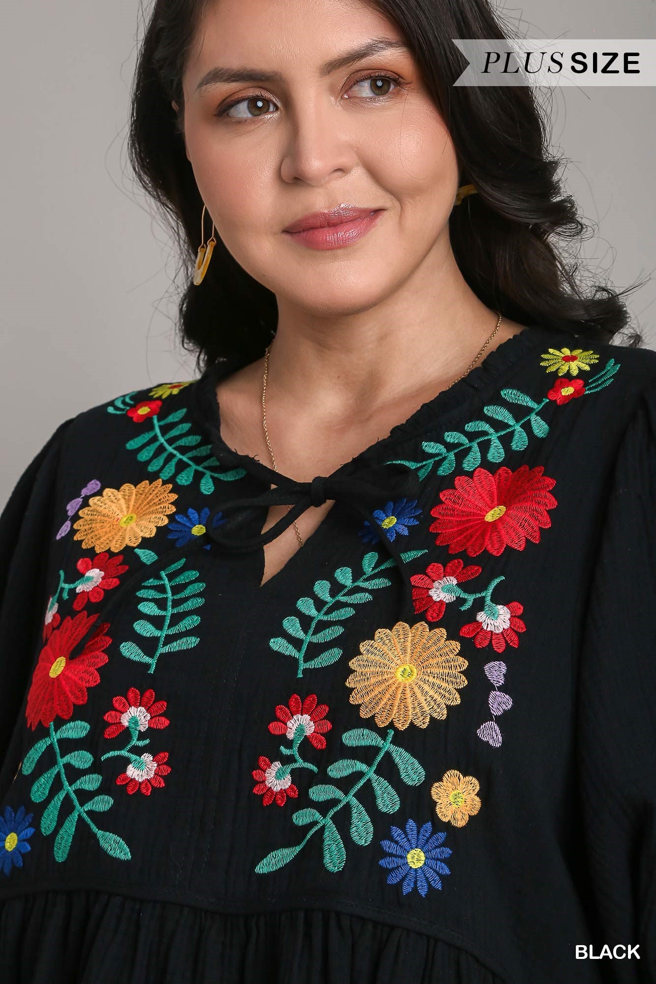 Umgee Plus Cotton Gauze Floral Embroidery BabyDoll Long Sleeve Top