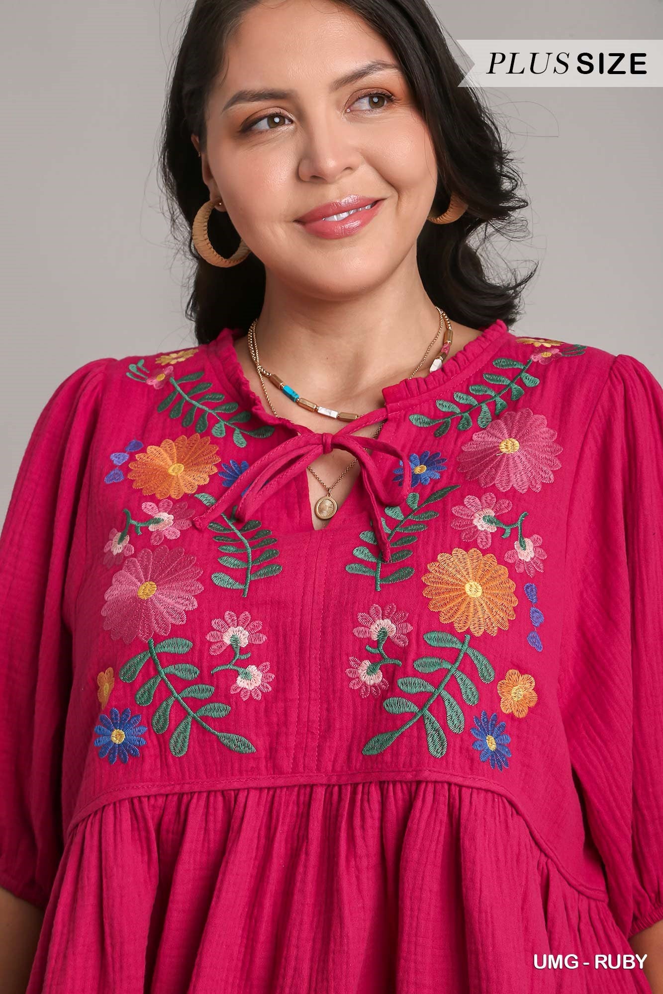 Umgee Plus Cotton Gauze Floral Embroidery BabyDoll Long Sleeve Top