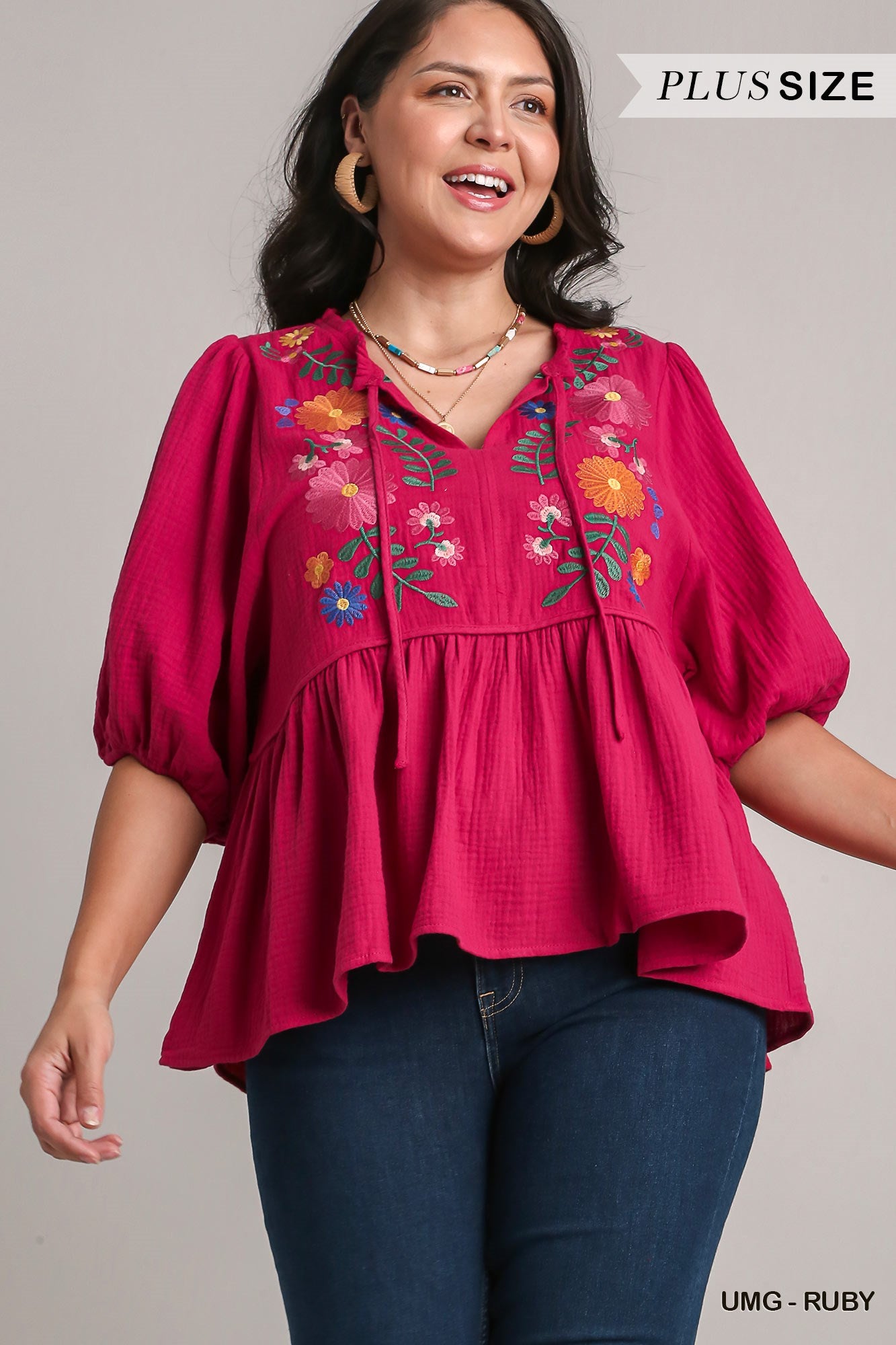 Umgee Plus Cotton Gauze Floral Embroidery BabyDoll Long Sleeve Top