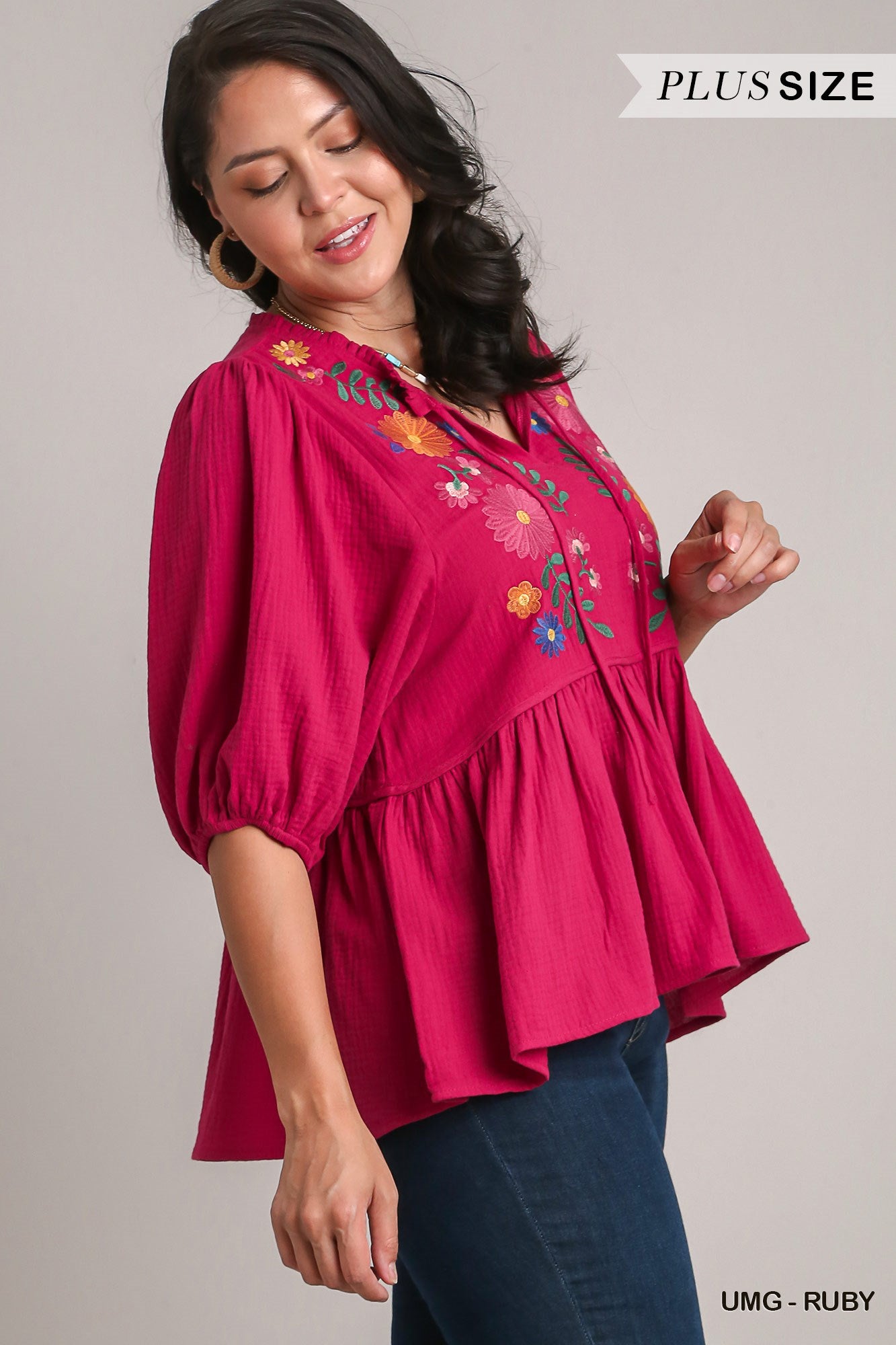 Umgee Plus Cotton Gauze Floral Embroidery BabyDoll Long Sleeve Top