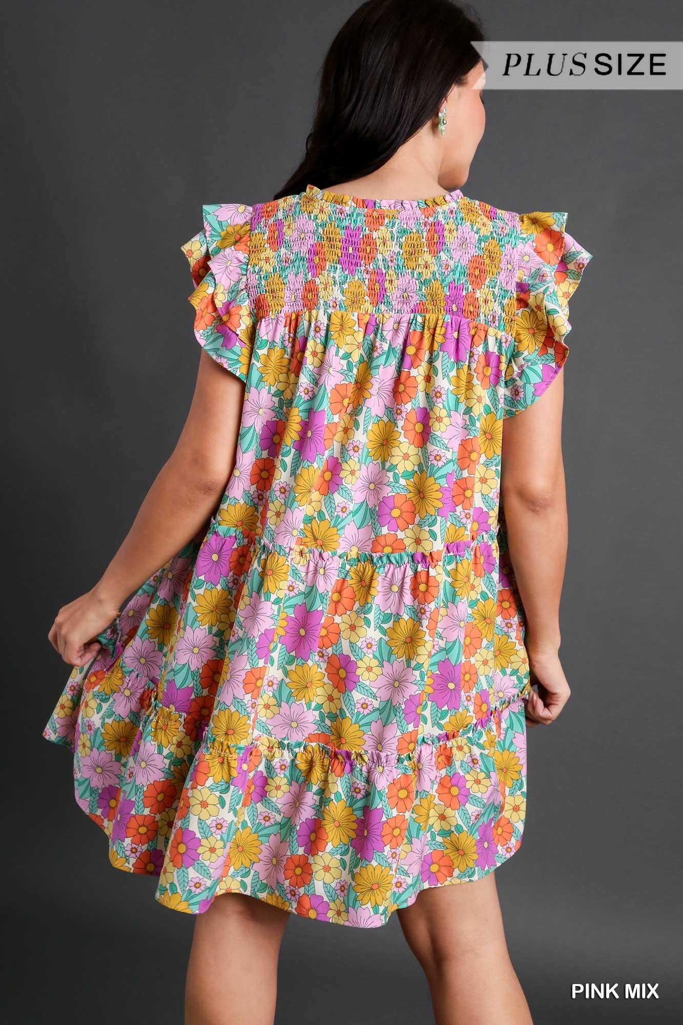 Umgee Plus V-Notched Floral Print Double Layered Ruffle Sleeve Dress