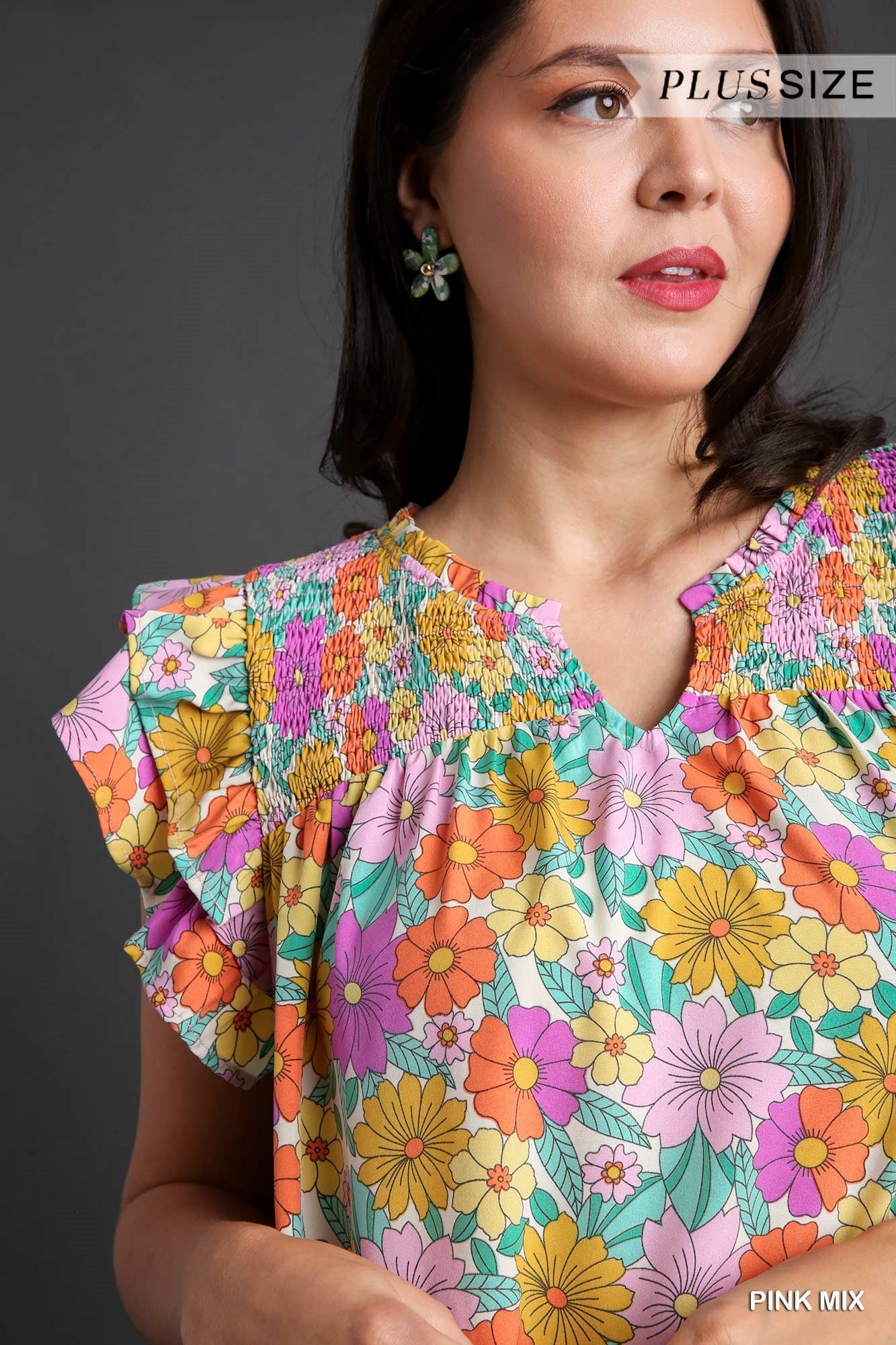 Umgee Plus V-Notched Floral Print Double Layered Ruffle Sleeve Dress