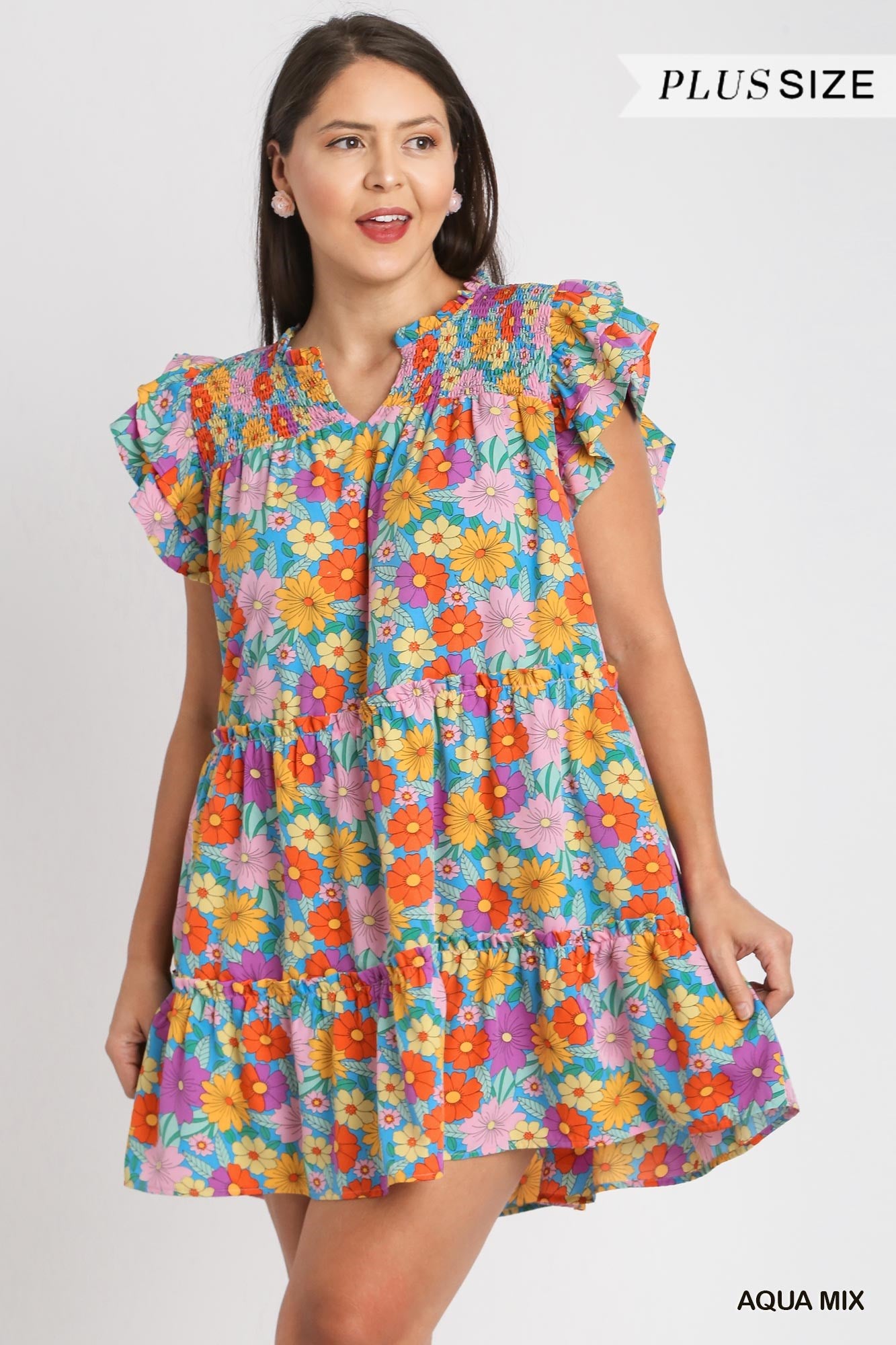 Umgee Plus V-Notched Floral Print Double Layered Ruffle Sleeve Dress