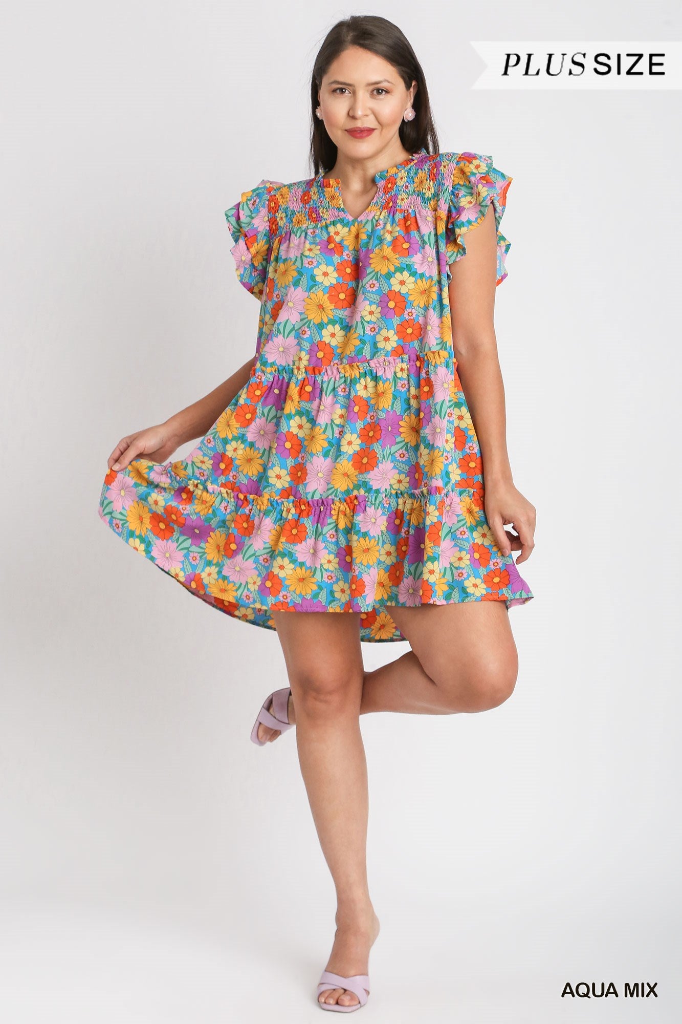 Umgee Plus V-Notched Floral Print Double Layered Ruffle Sleeve Dress