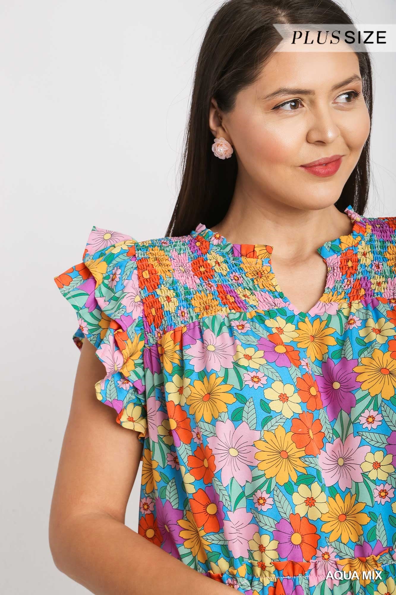 Umgee Plus V-Notched Floral Print Double Layered Ruffle Sleeve Dress