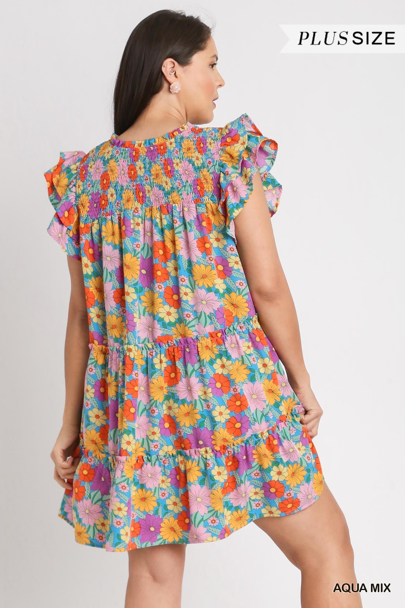 Umgee Plus V-Notched Floral Print Double Layered Ruffle Sleeve Dress